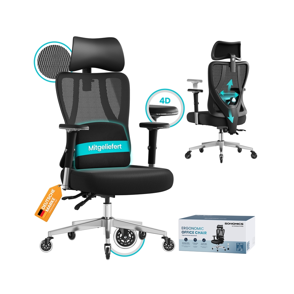Ergonominen työtuoli säädettävällä tuella, musta