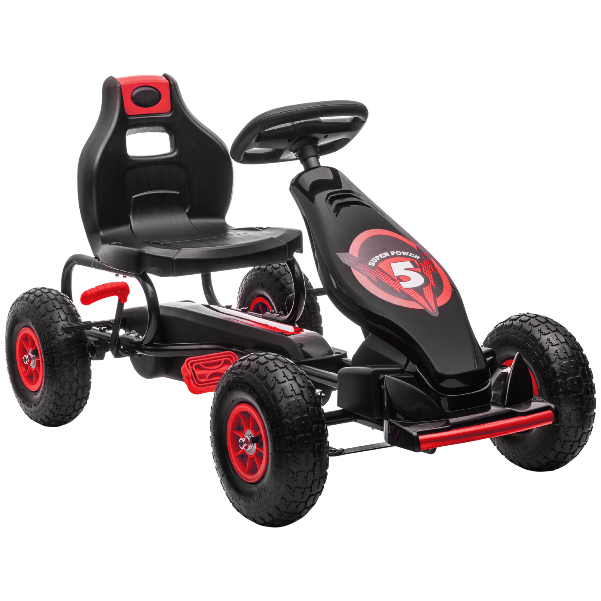 Lasten karting-auto, polkimilla, säädettävällä istuimella, sisä- ja ulkokäyttöön, 5-vuotiaille alkaen, punainen+musta, 121 x 58 x 61 cm