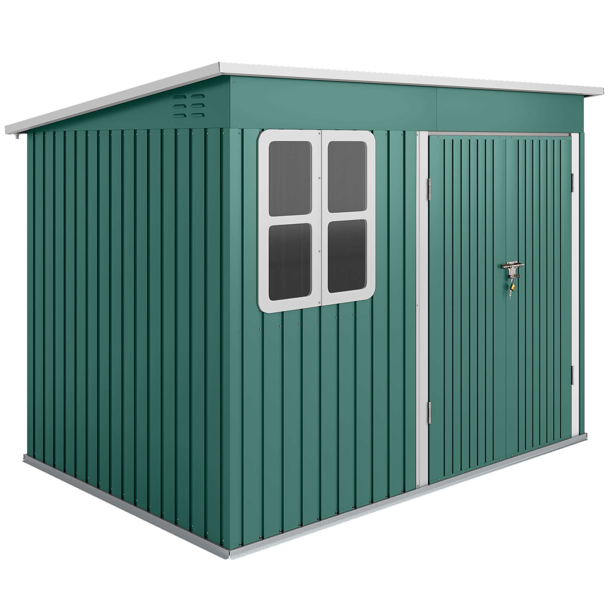 Metallist kuur aiatööriistade hoidmiseks aknaga laia uksega 260 x 177 x 190 cm roheline