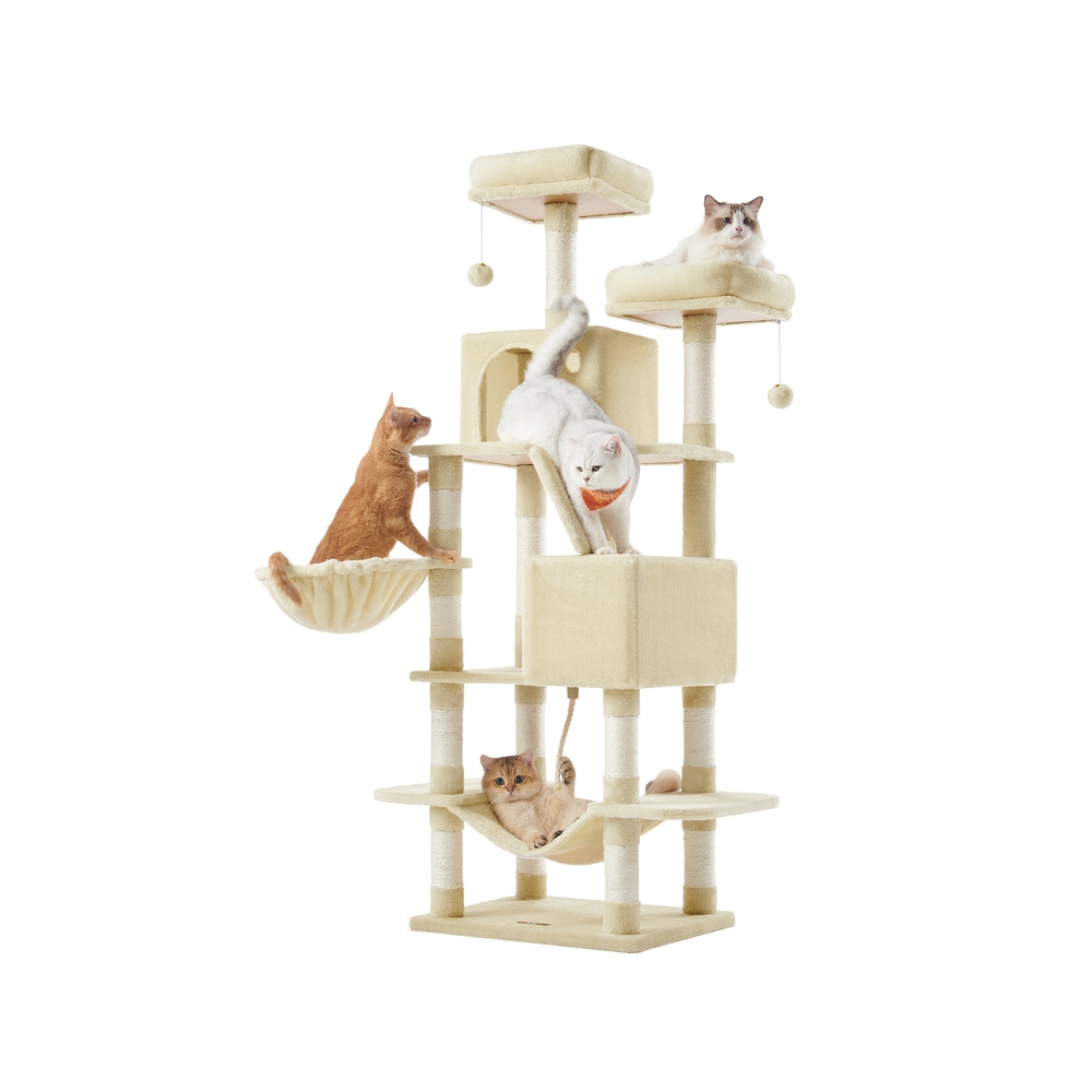 Suuri kissapuu kahdella alustalla, pehmopallot, beige