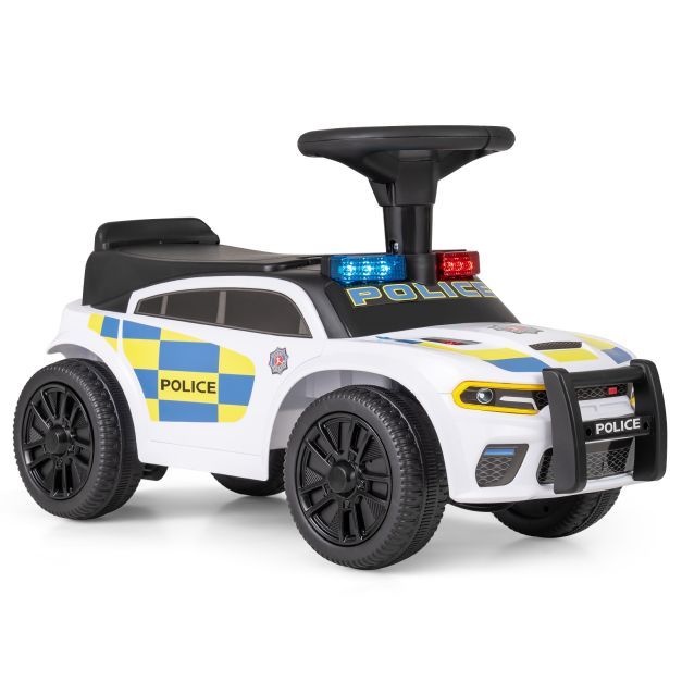 Poliisiauto taaperoille, auto vilkkuvilla valoilla, musiikilla, sireenillä, valkoinen