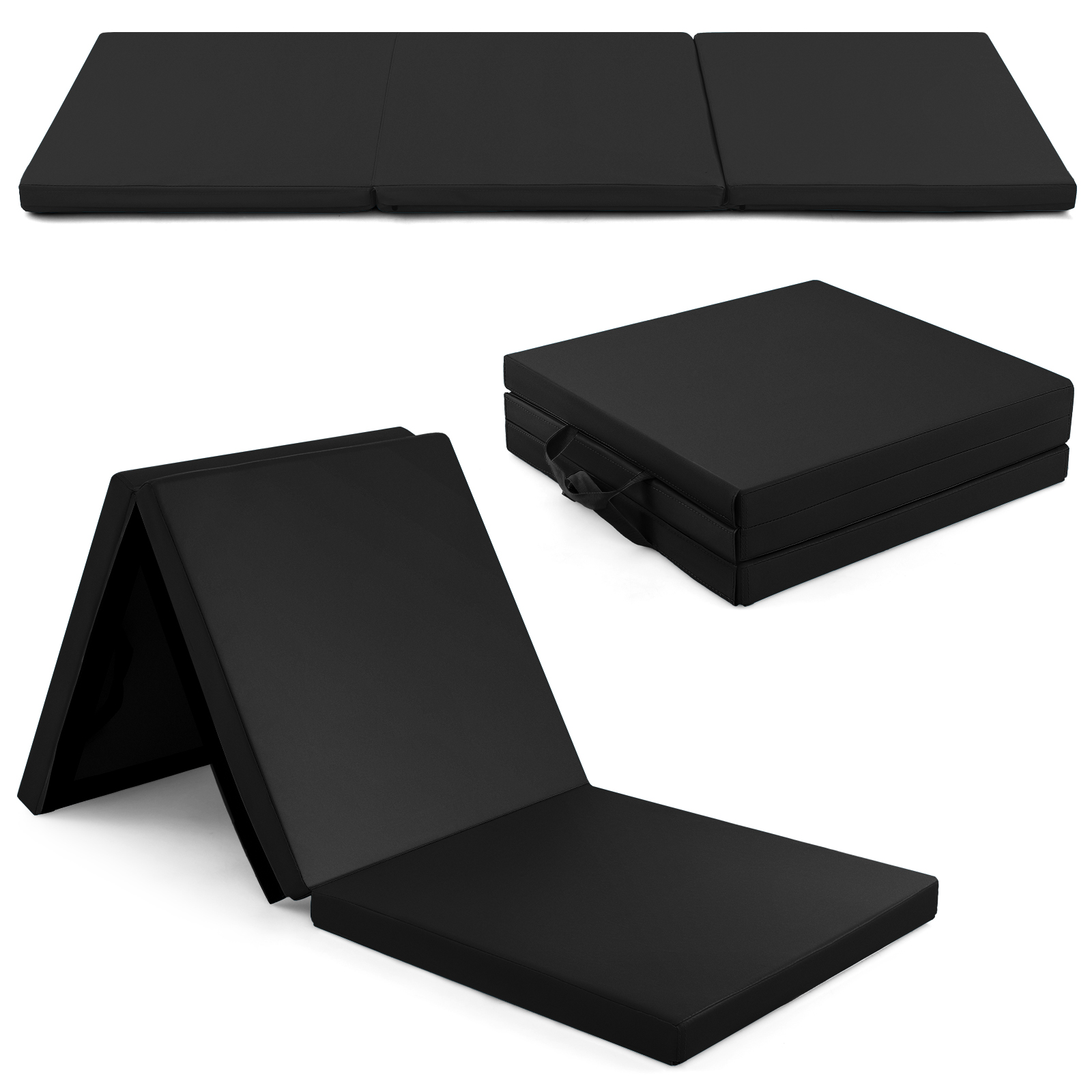 6 x 61 cm kolmitaittoinen kuntosalimatto kahvoilla ja irrotettavalla vetoketjullisella päällisellä - musta