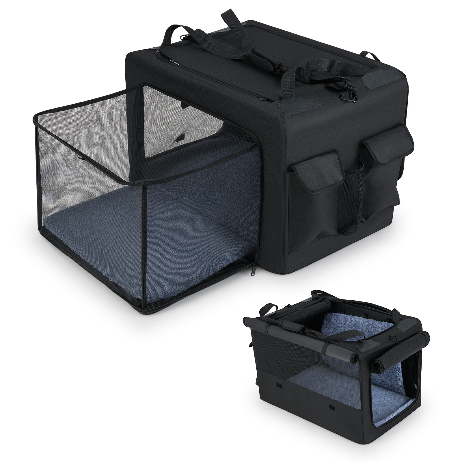 Võrkakende, kahe ava ja tarvikute taskuga kokkupandav lemmiklooma transpordiboks ning koerakott (88 x 72 x 48 cm), must