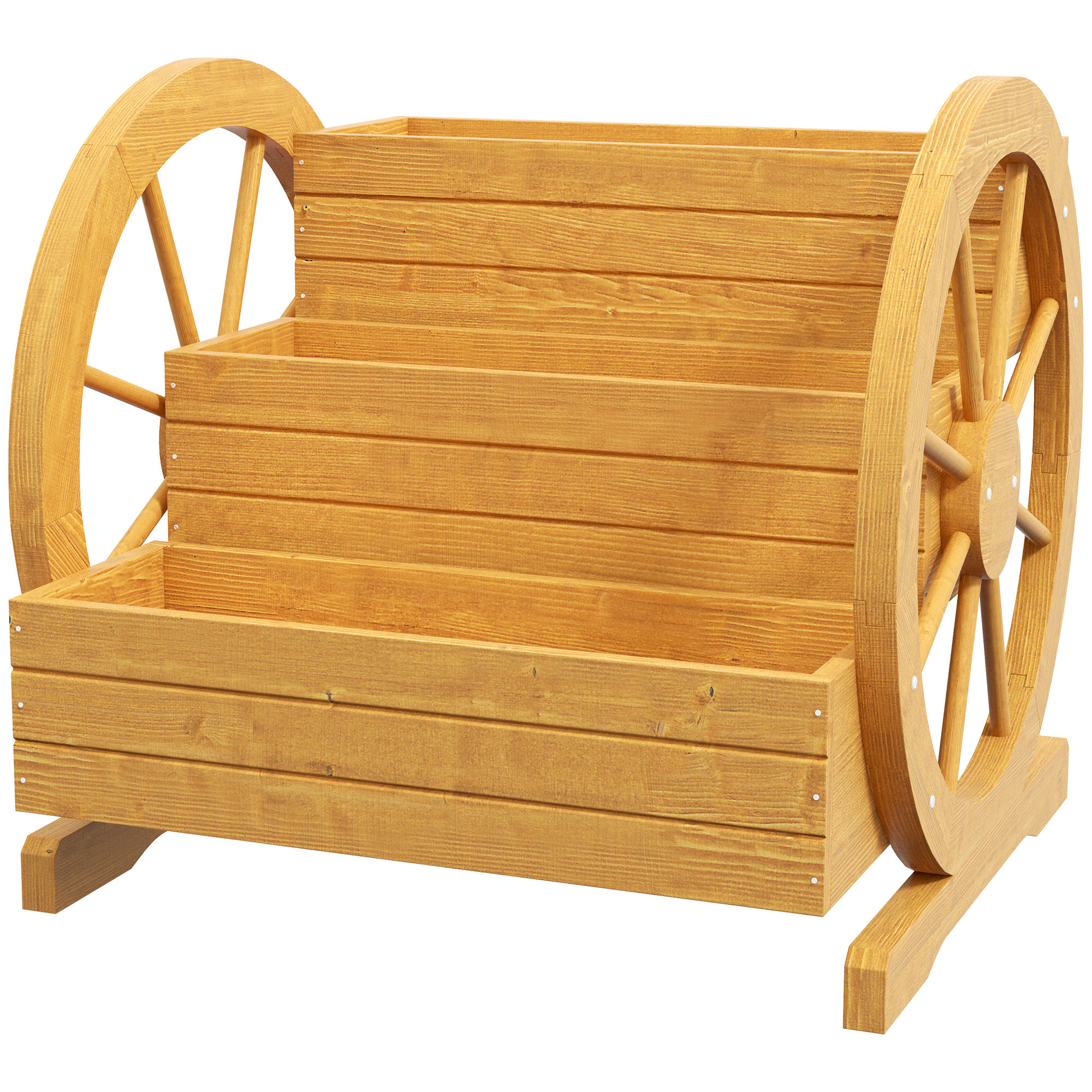 Korotettu puutarhapenkki, 3 tasoa, kärrynpyöräkuvio, luonnonpuuta, 62 x 61 x 57 cm