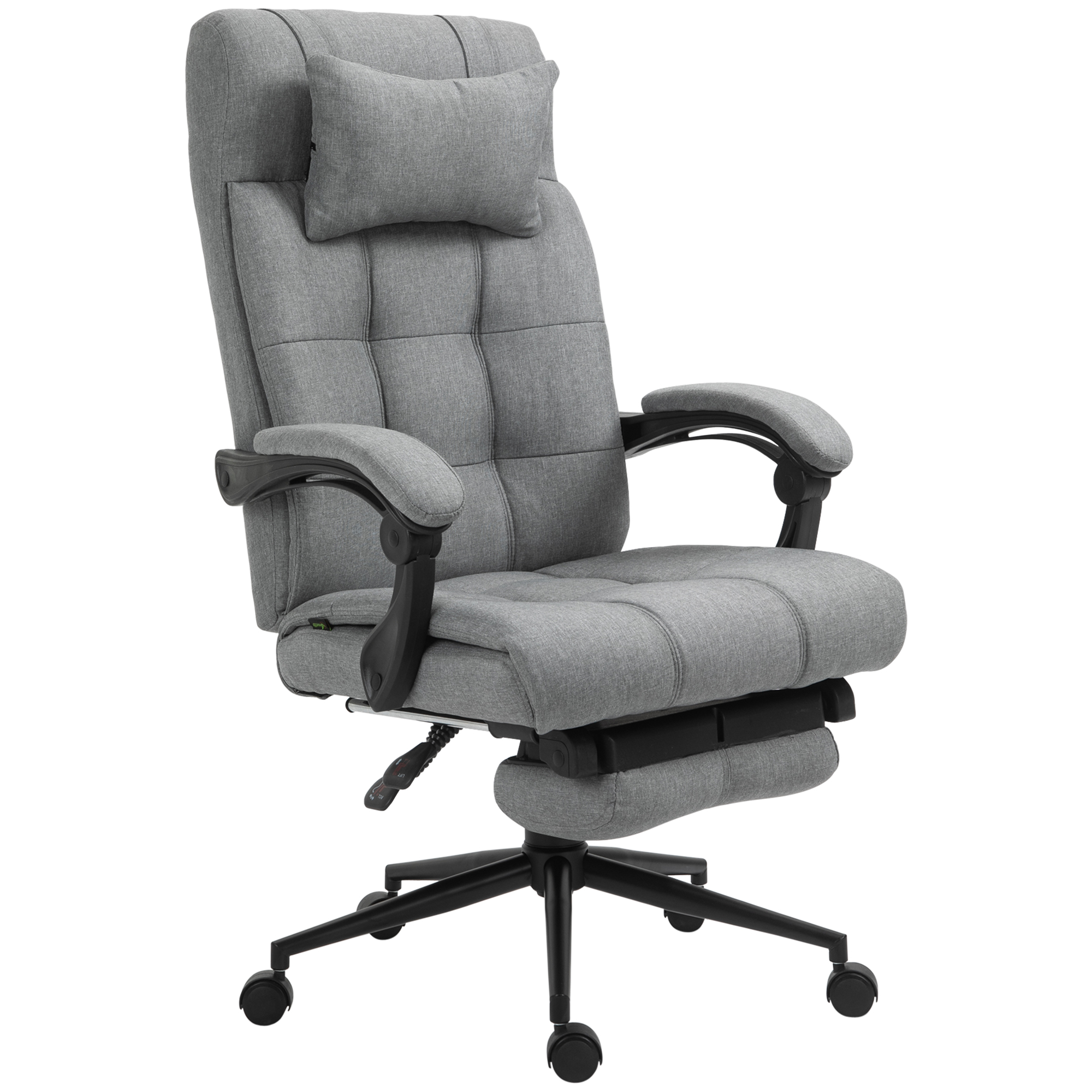 Toimistotuoli niskatukella, käsinojat, työtuoli kallistustoiminnolla, korkeussäädettävä pyörivä tuoli jalkatuella, pellava, vaahtomuovi, PVC, vaaleanharmaa, 66 x 76 x 112-120 cm