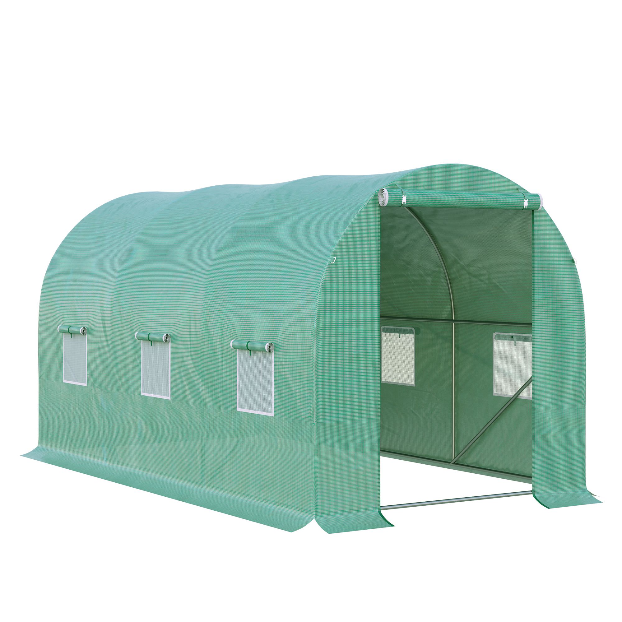 Kaarikasvihuone, 6 verkkoikkunaa, läpinäkyvä kalvo, metallirunko, 3,95 x 1,95 x 1,90 m, vihreä