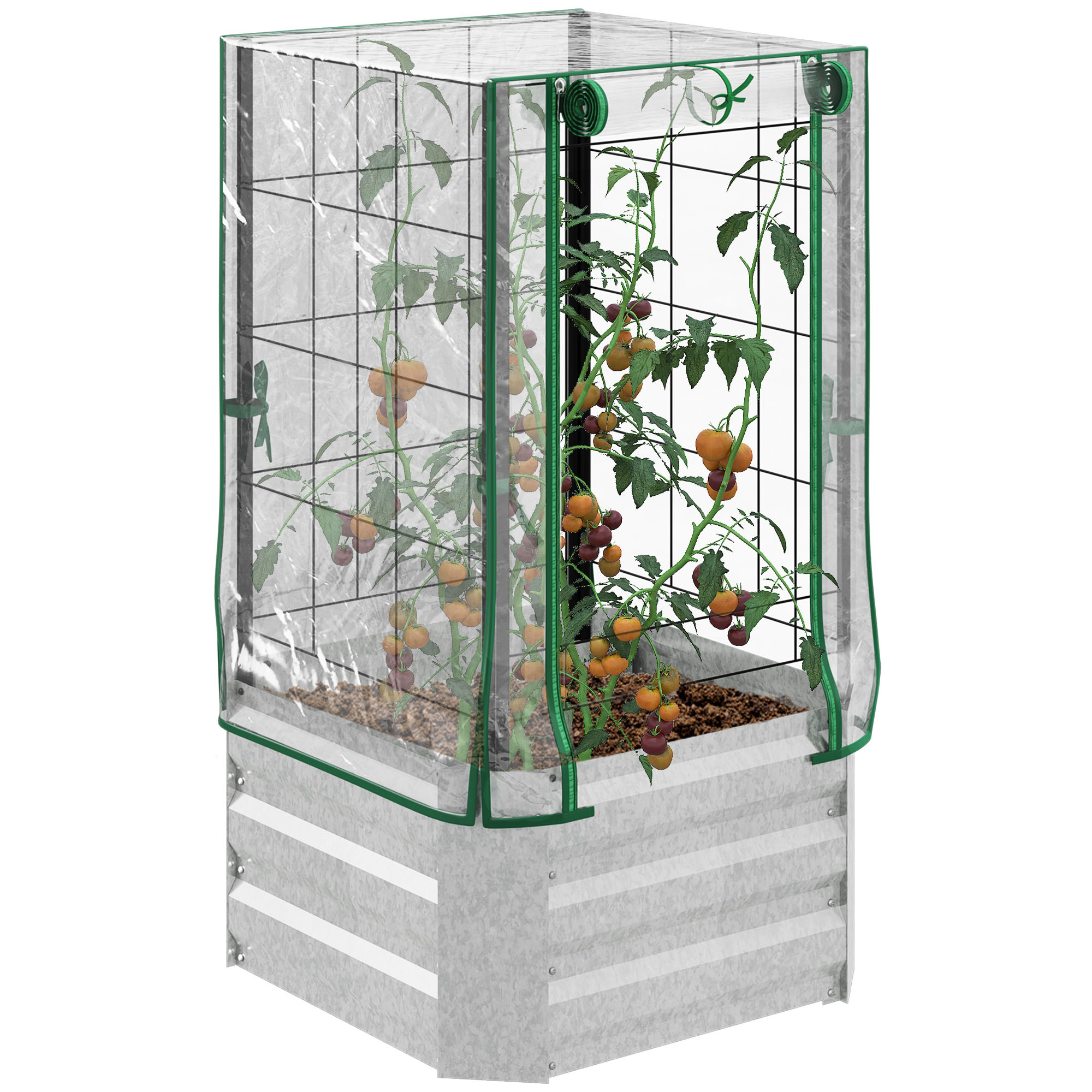 Korotettu puutarhapenkki, kasvihuone, 3-osainen setti, säleiköllä, muovisuojus, 53 x 53 x 90 cm