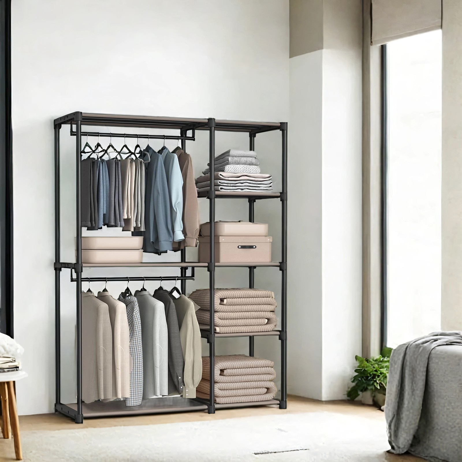 Avoin vaatekaappi puisilla putkilla, 43 x 124 x 182 cm, taupe