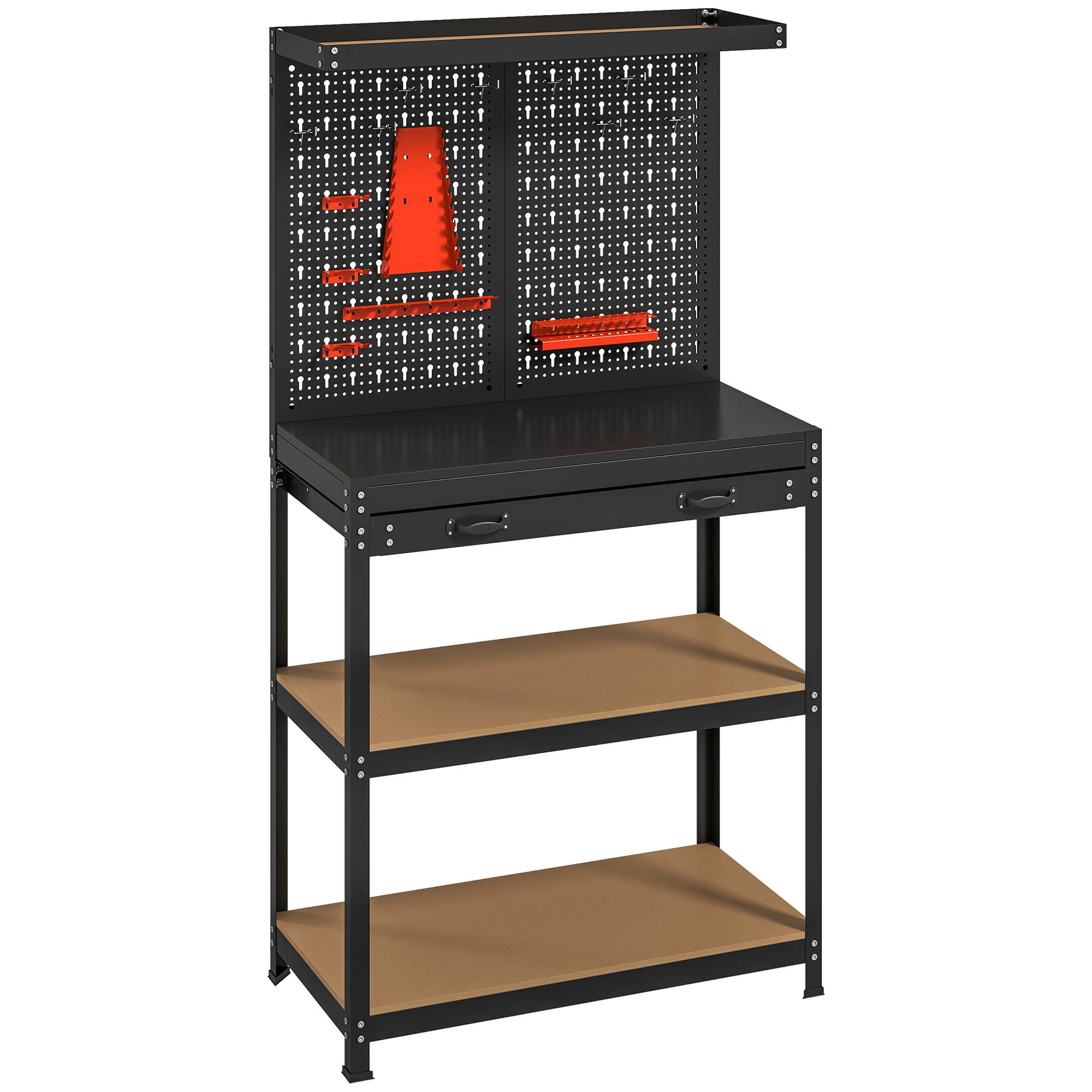 Töölaud 80 x 40 5 x 155 cm tööriistalaud perforeeritud tahvliga konksud sahtel 2 riiulit töökoja jaoks must