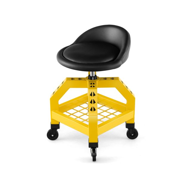 Reguleeritava kõrguse ja tööriistaalusega ergonoomiline ratastel mehaanikutool ning töökoja taburet (kuni 150 kg), kollane