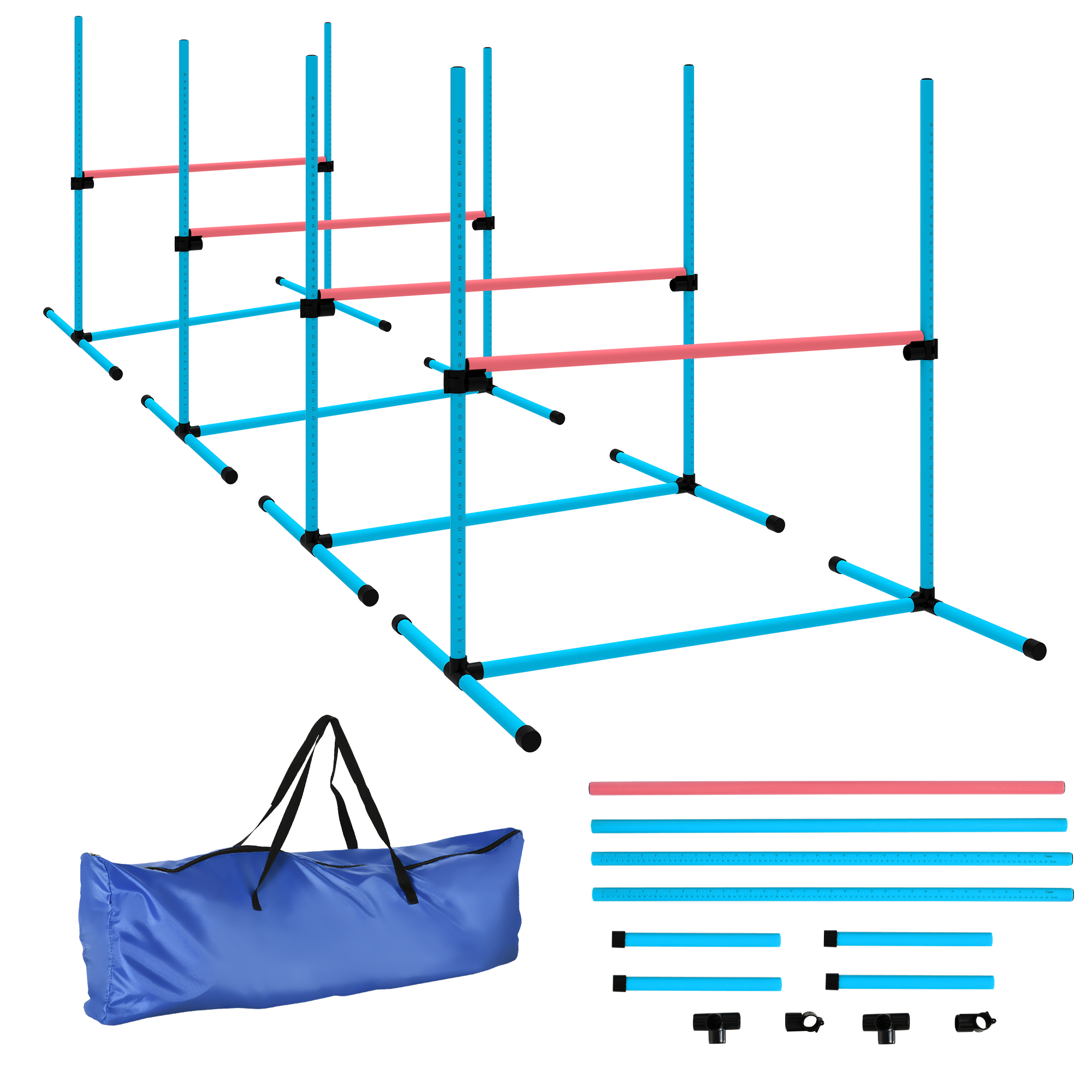 Agility-setti koirille, 4-osainen, korkeussäädettävä agilityvälinesarja, 4 aitaa, kantolaukku, 99 x 65 x 94 cm, vaaleansininen