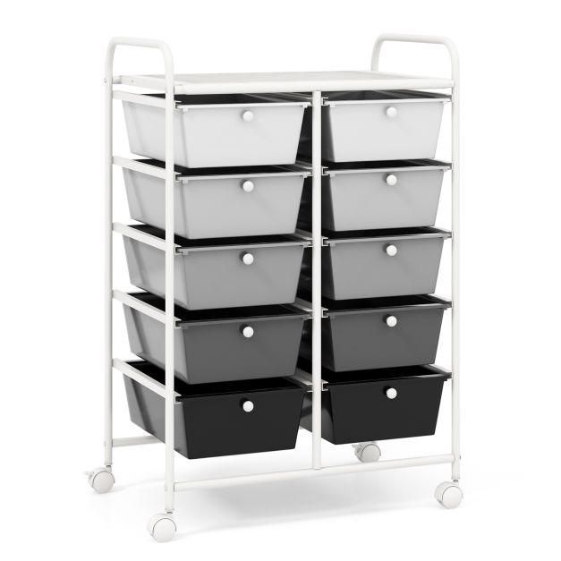 Pyörivä säilytyskärry 10 laatikolla, toimistotarvikkeiden kärry pyörillä, sekoitus mustaa