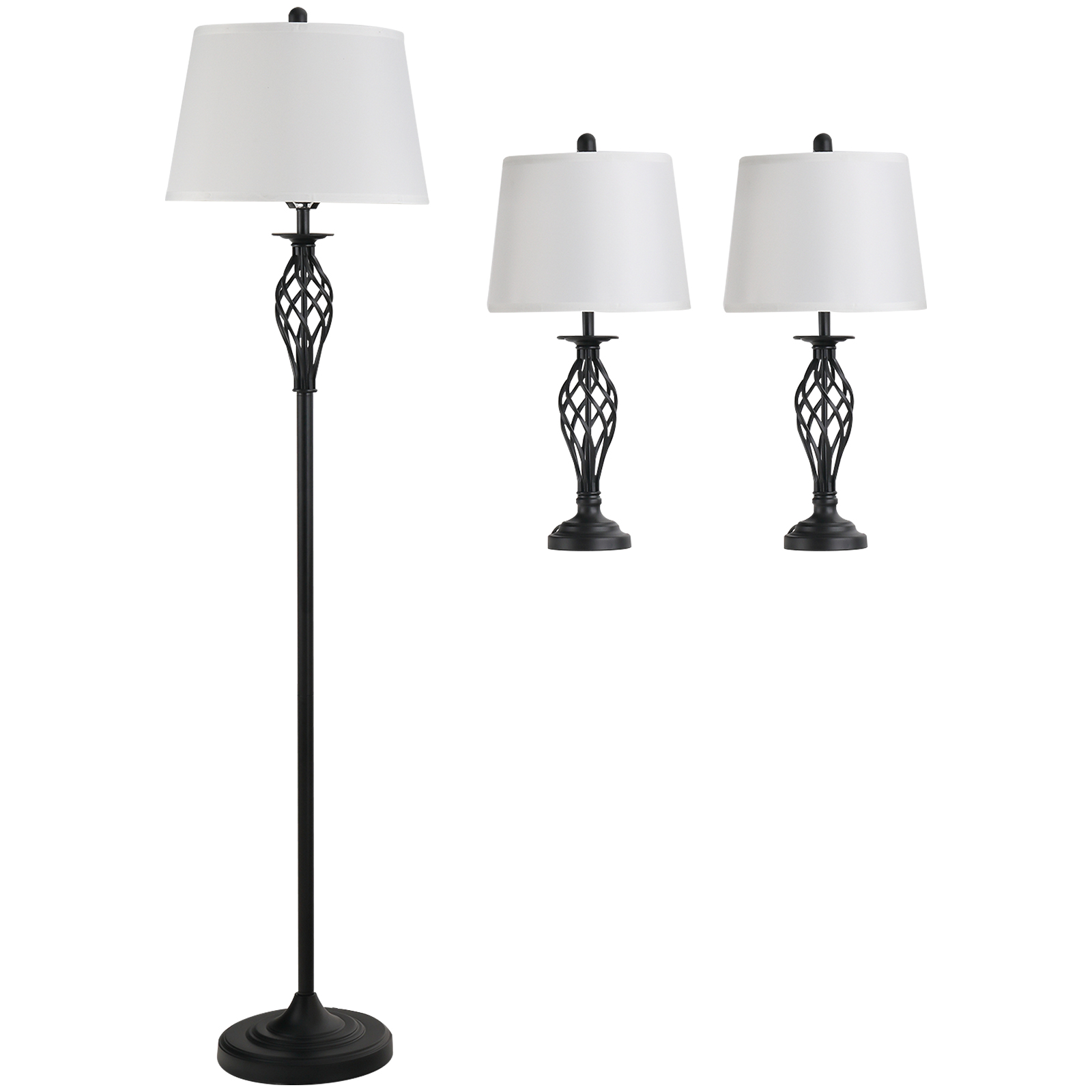 3-osainen valaisinsetti: 2 pöytävalaisinta (ø38 x 158K cm) + 1 lattiavalaisin (ø30 x 62K cm), vintage-lattiavalaisin jalkakytkimellä, lukuvalaisin olohuoneeseen, makuuhuoneeseen, metalli, mustavalkoinen