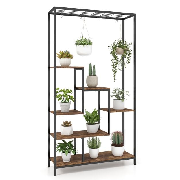 6-tasoinen korkea kasviteline, 180 cm metallinen sisäkasvihylly, 10 ripustuskoukkua - maalaismainen ruskea