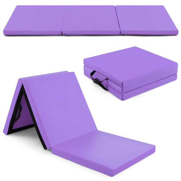 6 x 61 cm kolmitaittoinen kuntosalimatto kahvoilla ja irrotettavalla vetoketjullisella päällisellä - violetti