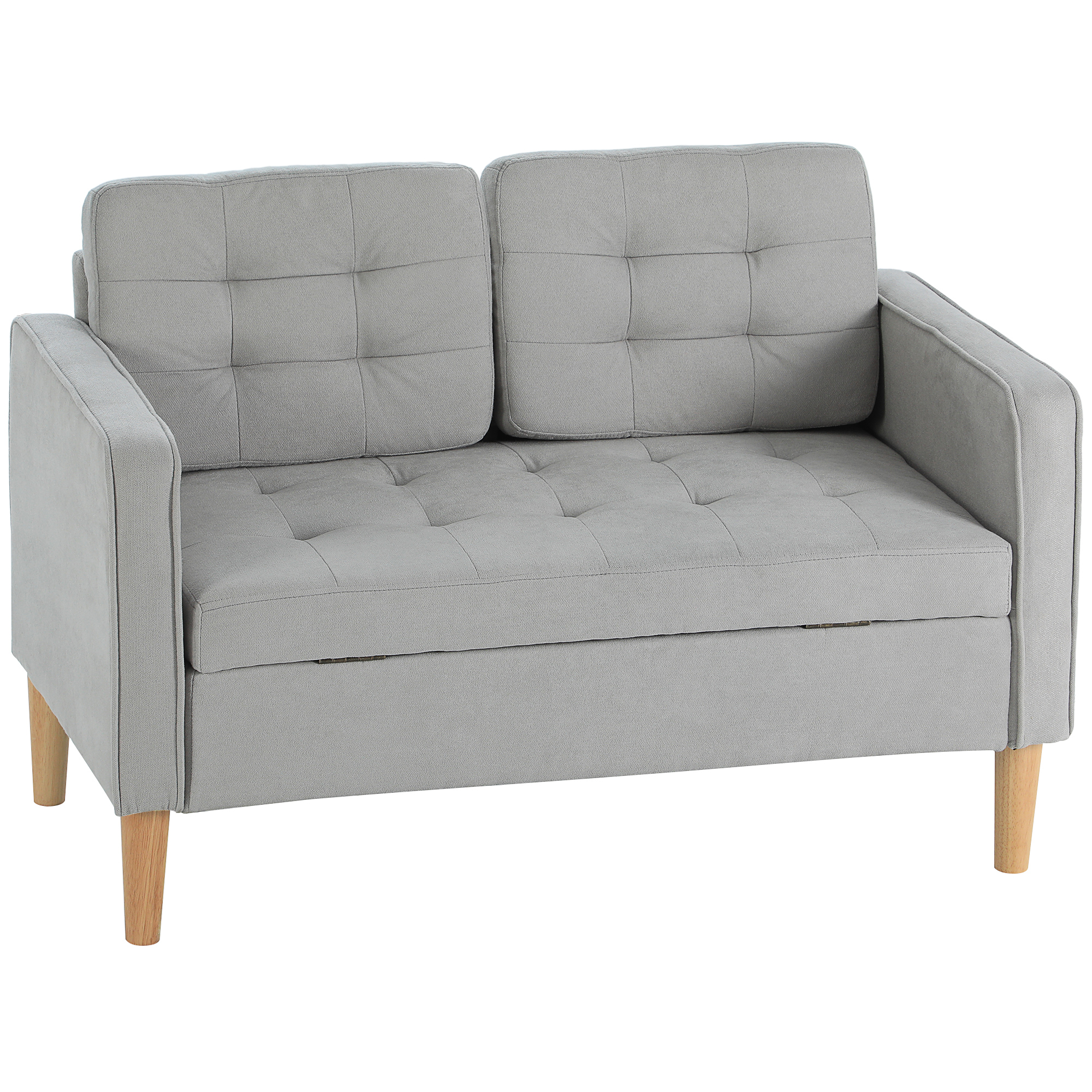 Kahden istuttava sohva säilytystilaa, nappituppu, tyynyt, kumipuu, 117x62x78cm, vaaleanharmaa