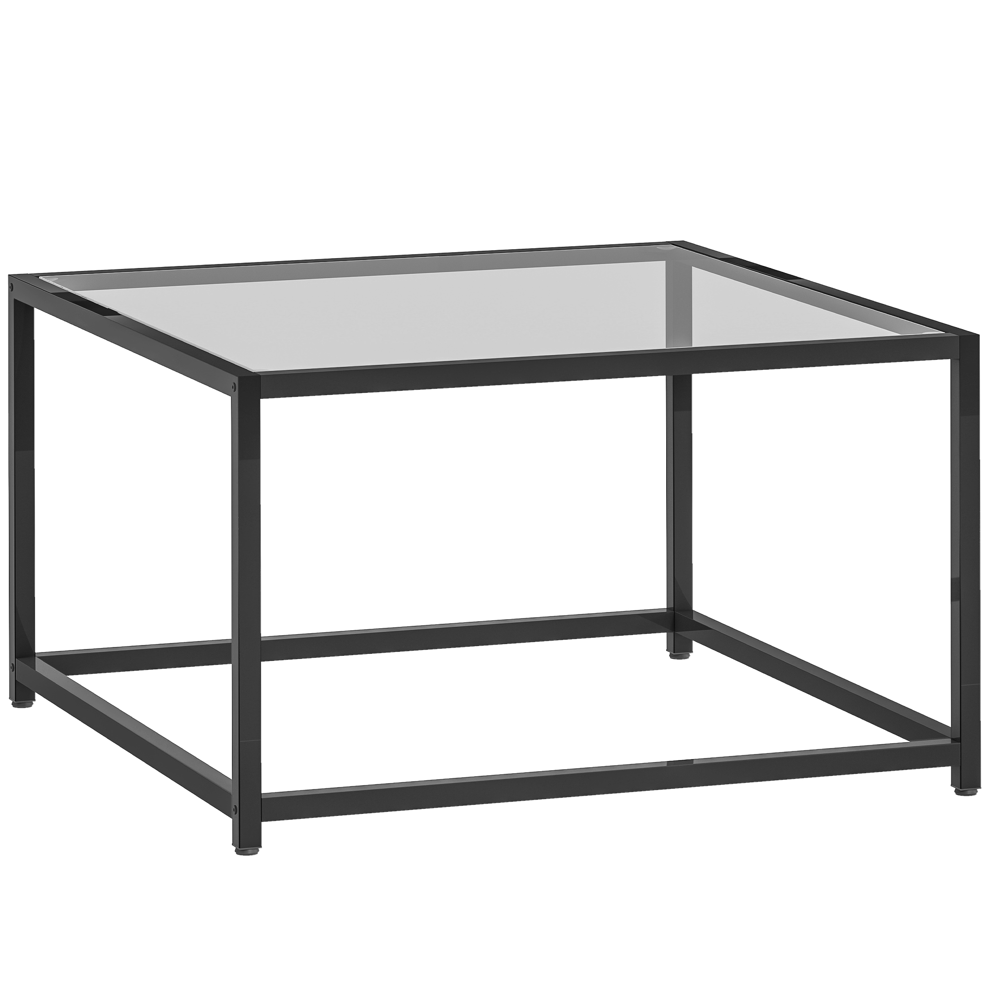 Neliönmuotoinen sivupöytä/yöpöytä karkaistulla lasilla, sohvapöytä teräsjaloilla, 68 x 68 x 39 cm, musta