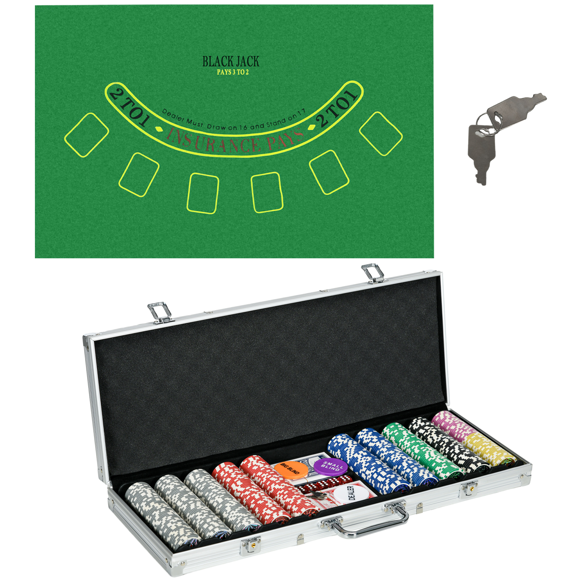 Kasinotarvikkeet ja pelimerkit Pokerisetti pelimerkeillä Pokeripelimerkkikotelo, sis. maton, 500 pelimerkkiä, setti 9-10 pelaajalle, hopea