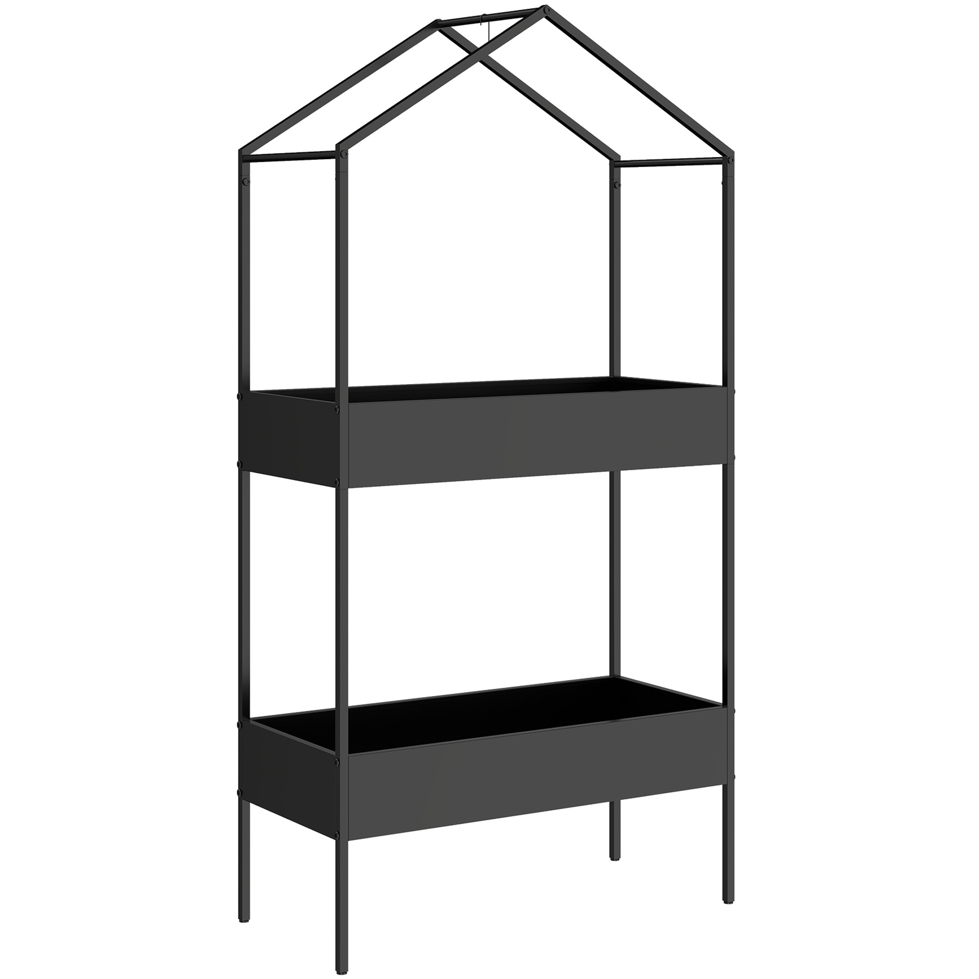 2-kerroksinen talonmuotoinen kukkateline, 150 cm korkea, kukkateline koukuilla, metalli, musta