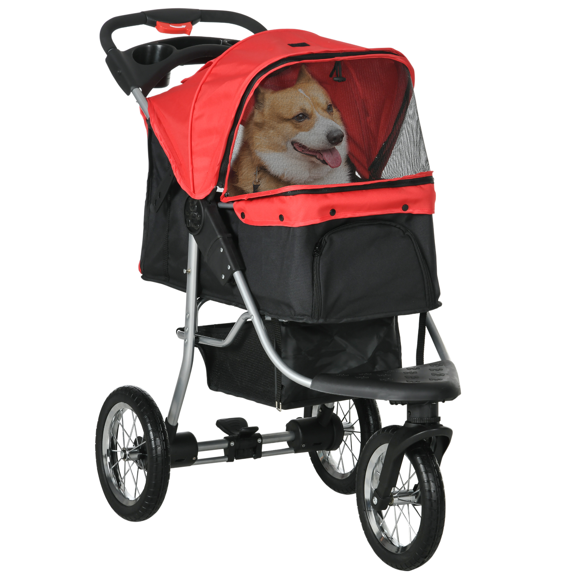 PawHut koerakäru/turvakaar 3 rattaga kokkupandav kuni 10 kg Oxford punane+must 109 5 x 54 5 x 106 5 cm