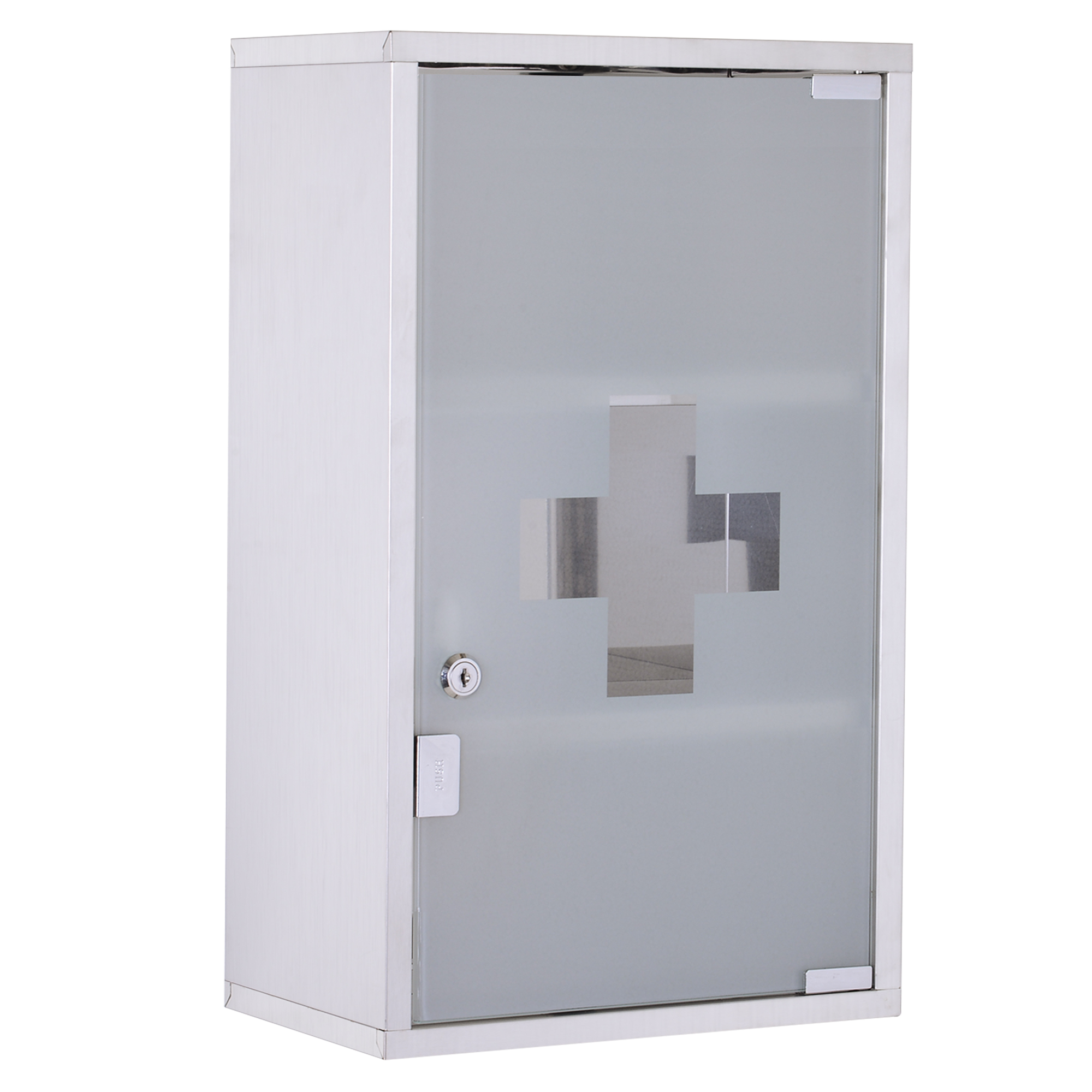 Lukittava ruostumattomasta teräksestä valmistettu lääkekaappi, jossa 3 lokeroa ja lasiovi, 30 x 18 x 50 cm