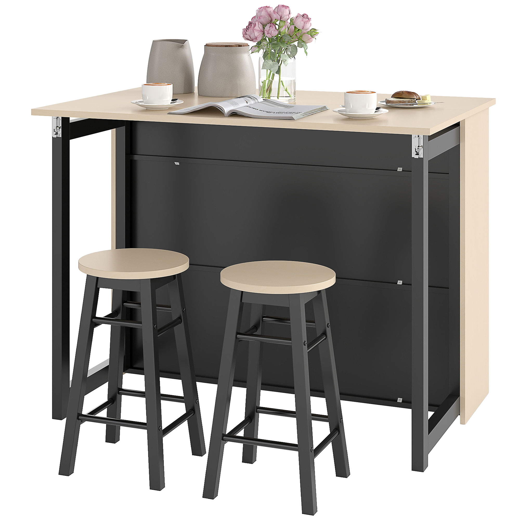 3-osaline baarikomplekt baarilaud kokkupandava lauaplaadiga 2 baaritooli 6 panipaika must+tamm 116 x 70 x 89 5 cm