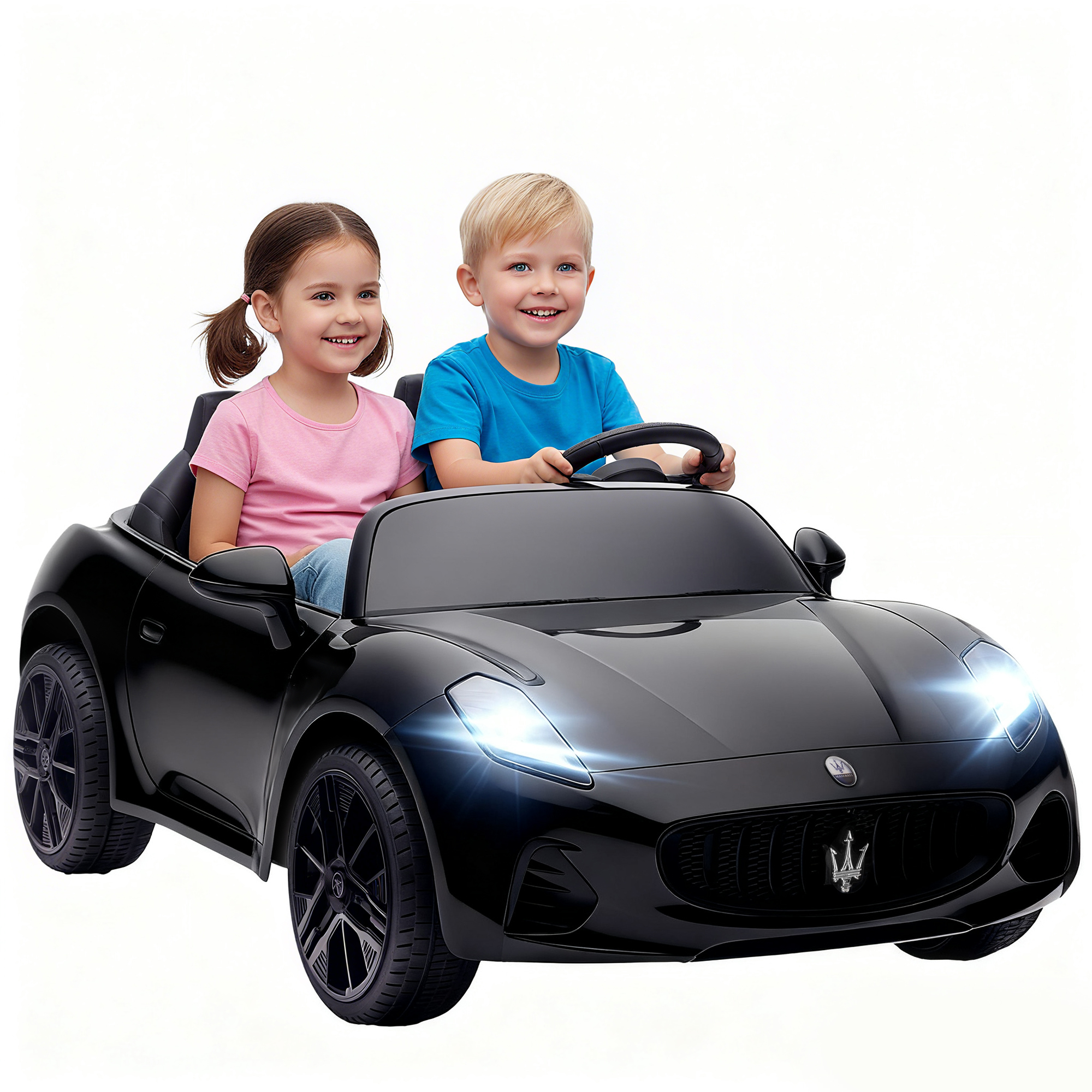 Maserati sähköauto lapsille, 2-paikkainen, 12 V:n paristokäyttöinen, kaukosäädin, LED-valot, musiikkitoiminto, musta