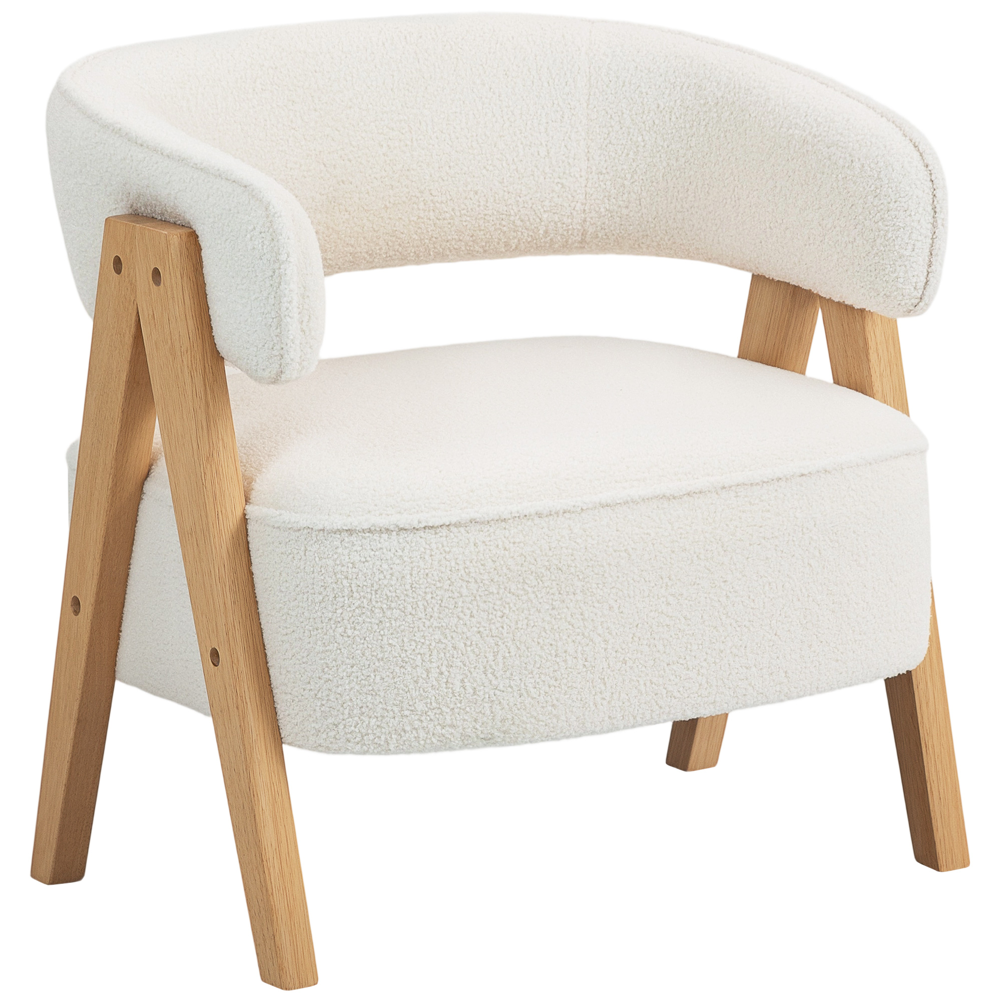 Moderni verhoiltu nojatuoli, fleecepäällinen, koristetuoli, nojatuoli puujaloilla, metallirunko, valkoinen
