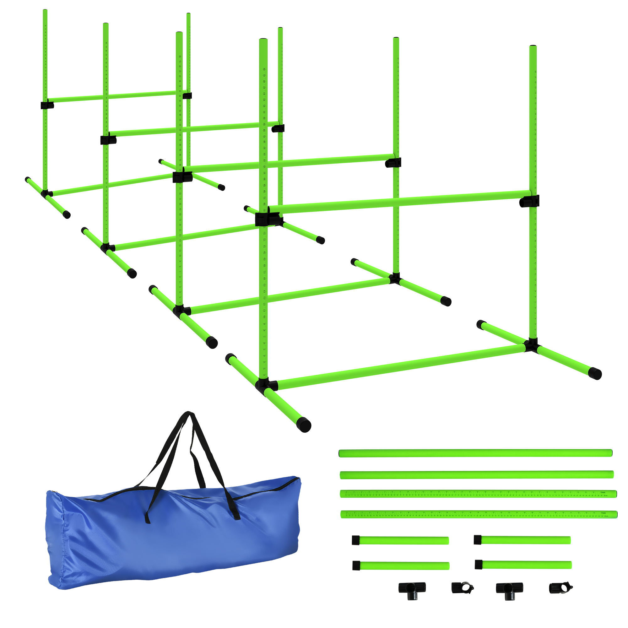 Agility-setti koirille, 4-osainen, korkeussäädettävä agilityvälinesarja 4 aidalla, kantolaukku, 99 x 65 x 94 cm, vihreä