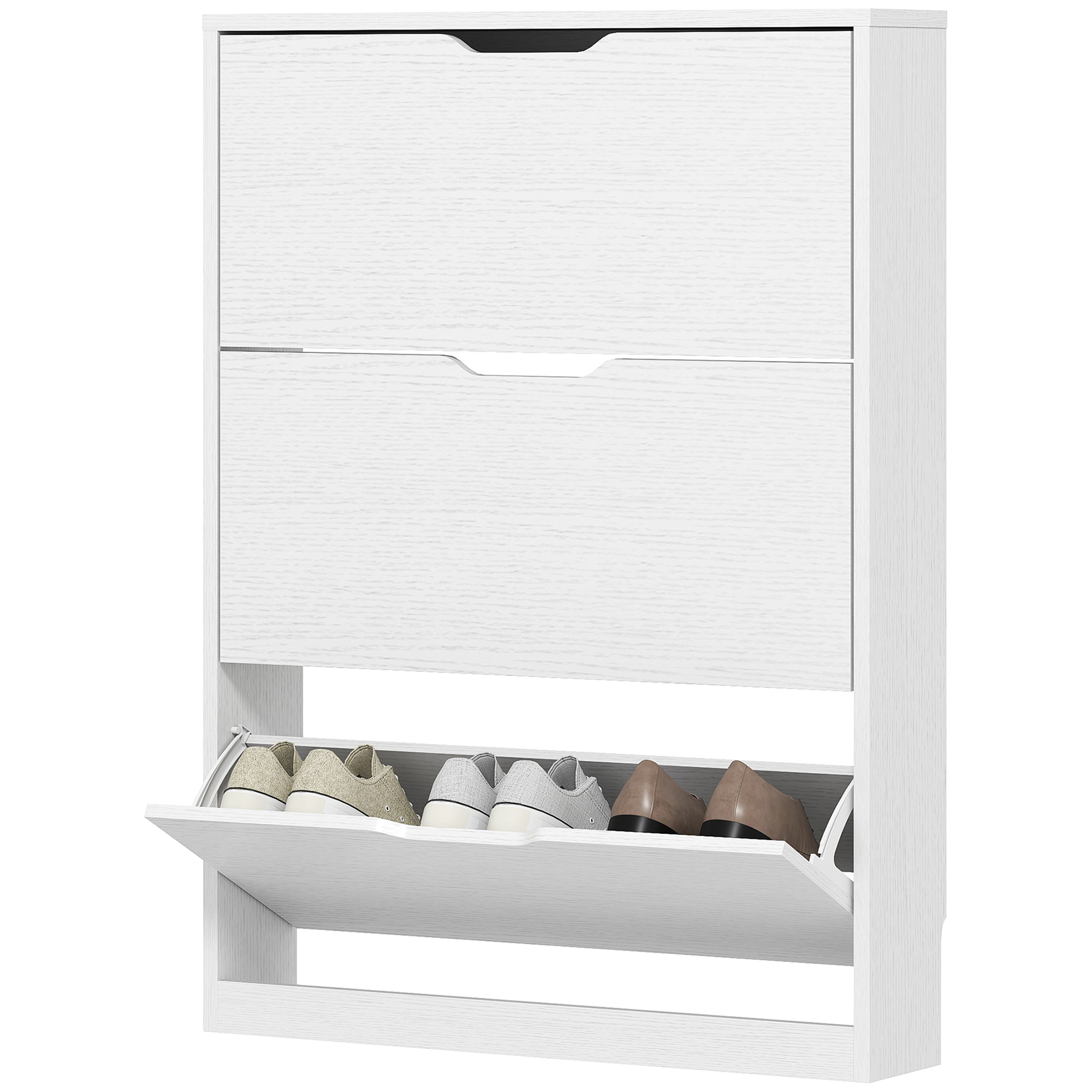 Kenkäkaappi, jossa 3 alasvedetävää laatikkoa, jopa 12 kenkäparille, lastulevyä, 80 x 17 x 108 cm, valkoinen