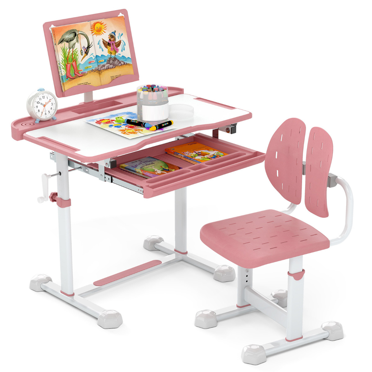 Kõrgus-reguleeritav laste koolilaud ja tooli komplekt, ergonoomilise kallutatava töötasapinnaga kirjutuslaud, roosa