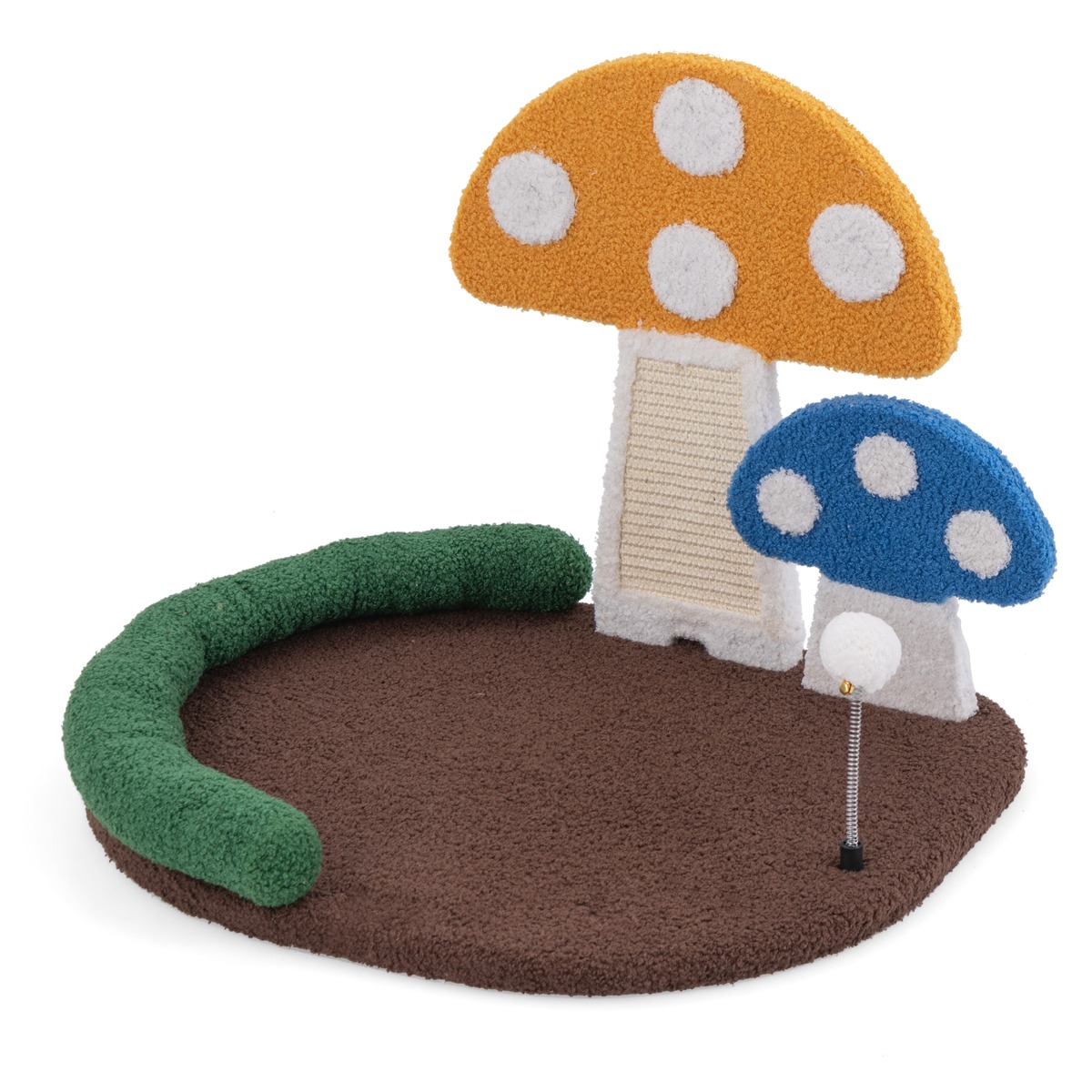 Mushroom Design -pieni kissapuu pehmeällä sängyllä, sisal-raapimislauta ja riippupallo