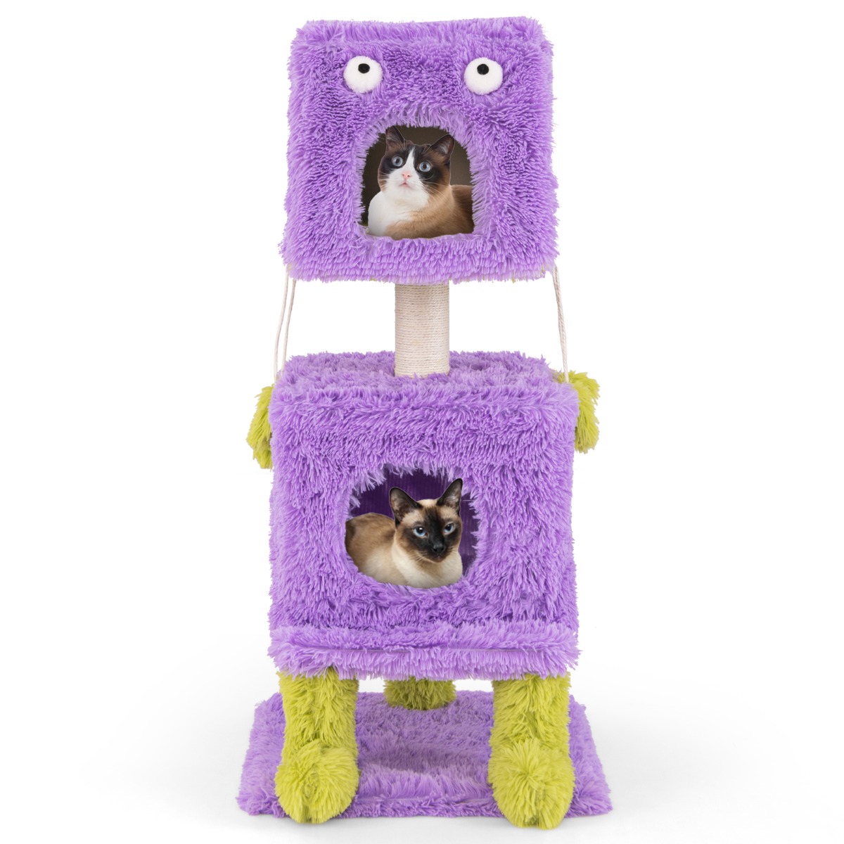 Monster-teemainen pieni raapimistolppa, jossa kaksi pehmeää kissapesä ja irrotettava kansi, korkeus 111 cm, violetti