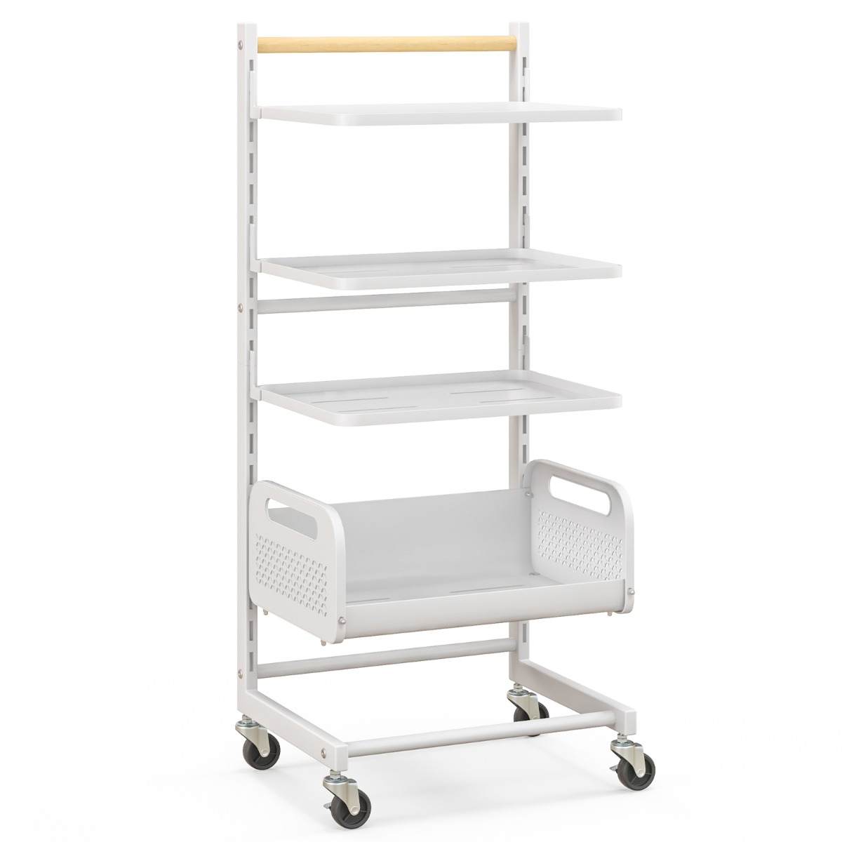 Nelikerroksinen apuvaunu ja siirrettävä keittiöhylly säädettävillä hyllyillä ja mukavalla kahvalla, valkoinen