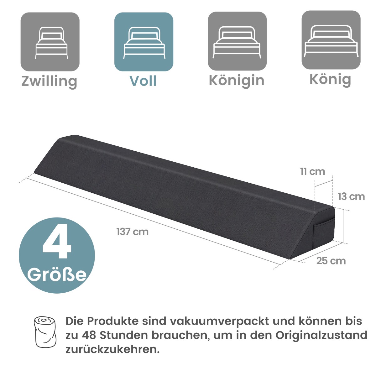Ergonoomiline kiilupadi voodisse koos hoiukotiga mugav selja- ja jalgade tugipadi (täissuuruses) (137 x 25 x 13 cm) hall
