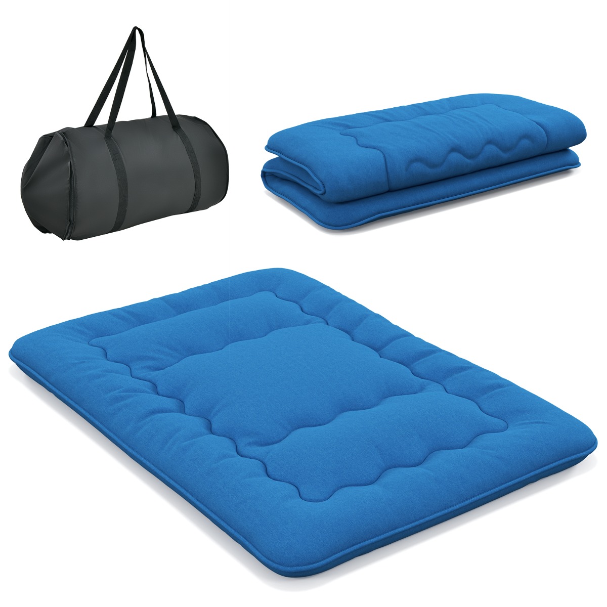 Pestava katte ja kandekotiga jaapani futon-madrats ning rullitav tatami-madrats (140 x 200 cm), sinine