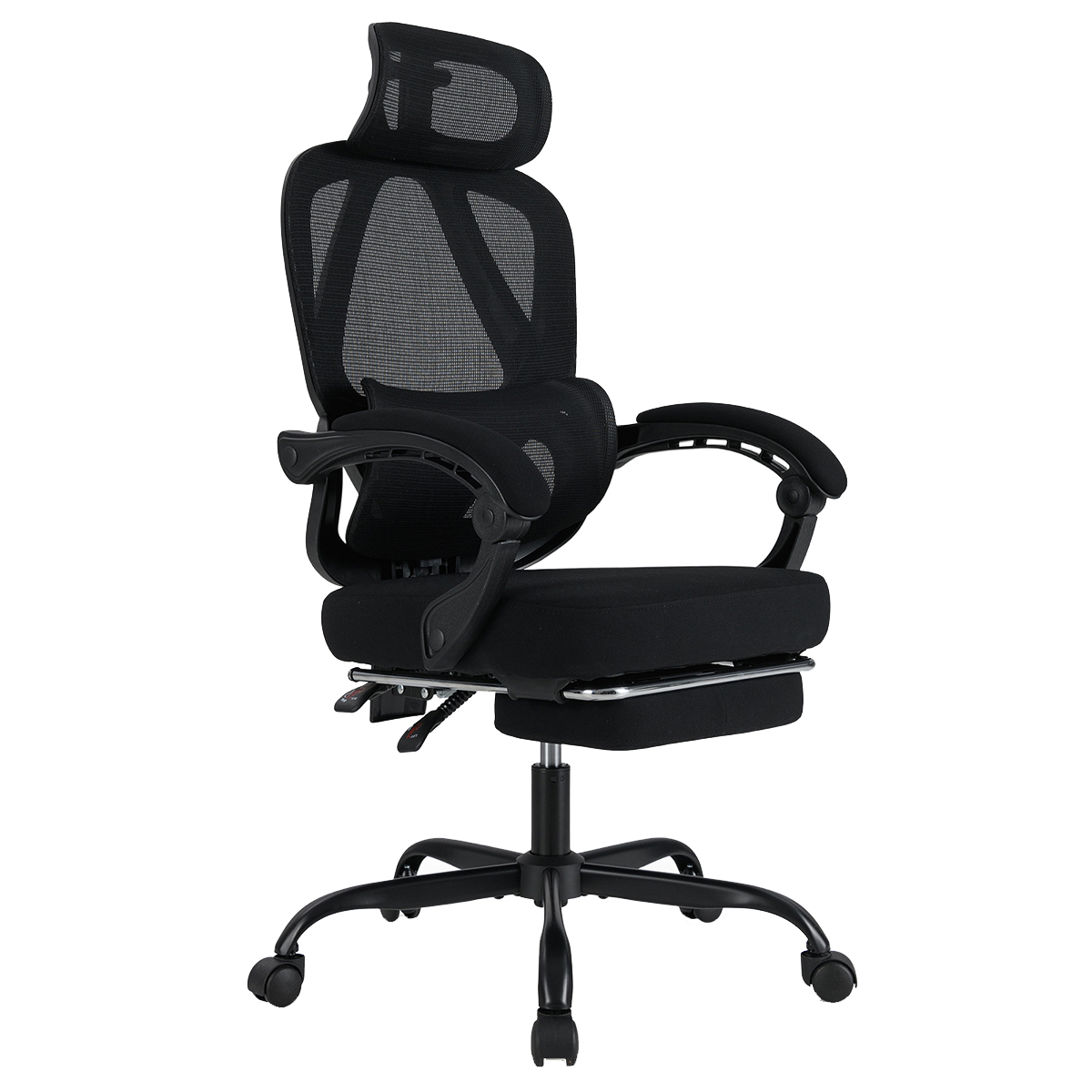 Ergonominen toimistotuoli, korkea selkänoja, verkkotyöpöytä, sisäänvedettävä jalkatuki - musta