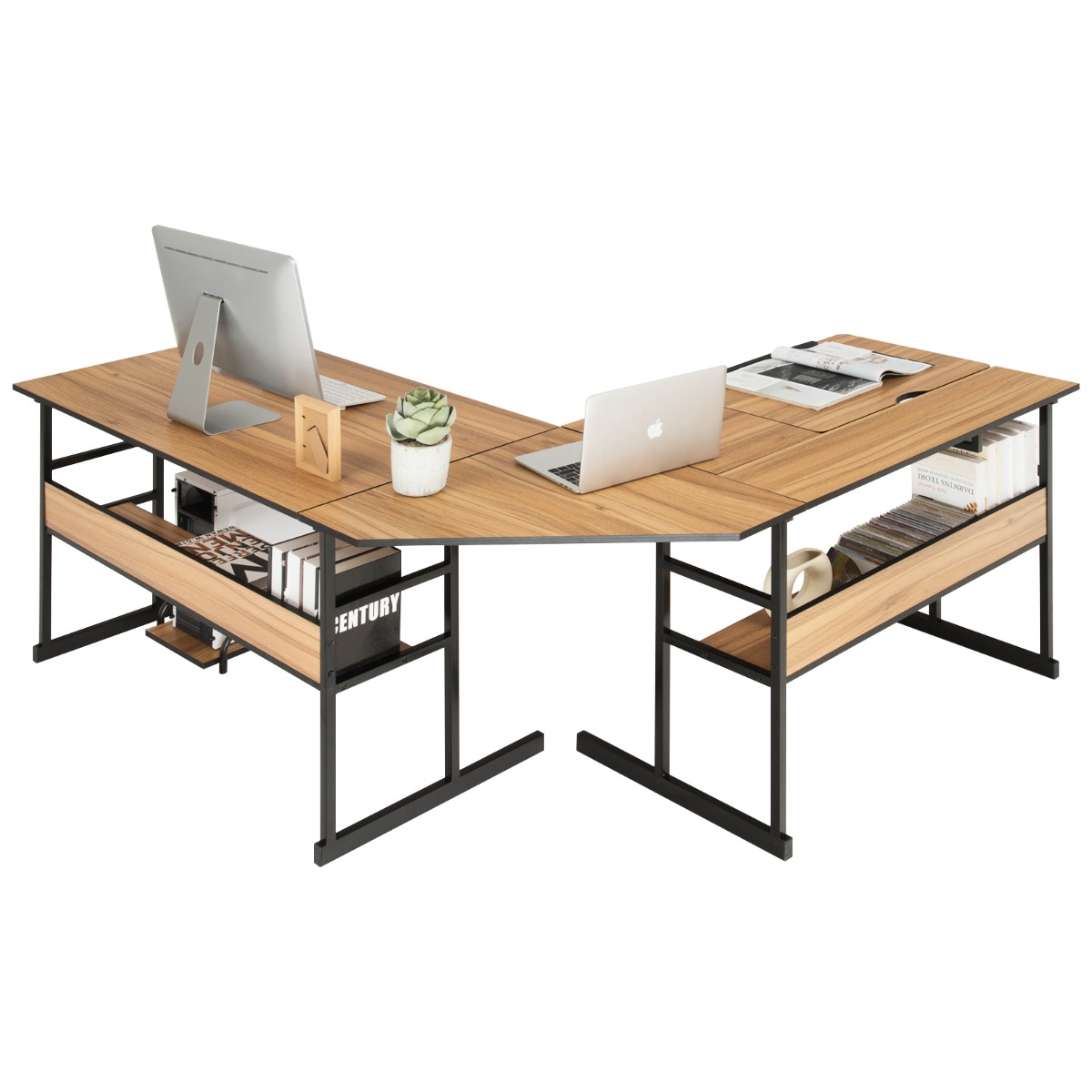 L-muotoinen työpöytä kallistettavalla kannella, alempi kirjahylly ja CPU-teline, piirustuspöytä, tietokonepöytä, 170 x 150 x 75 cm, pähkinäpuu