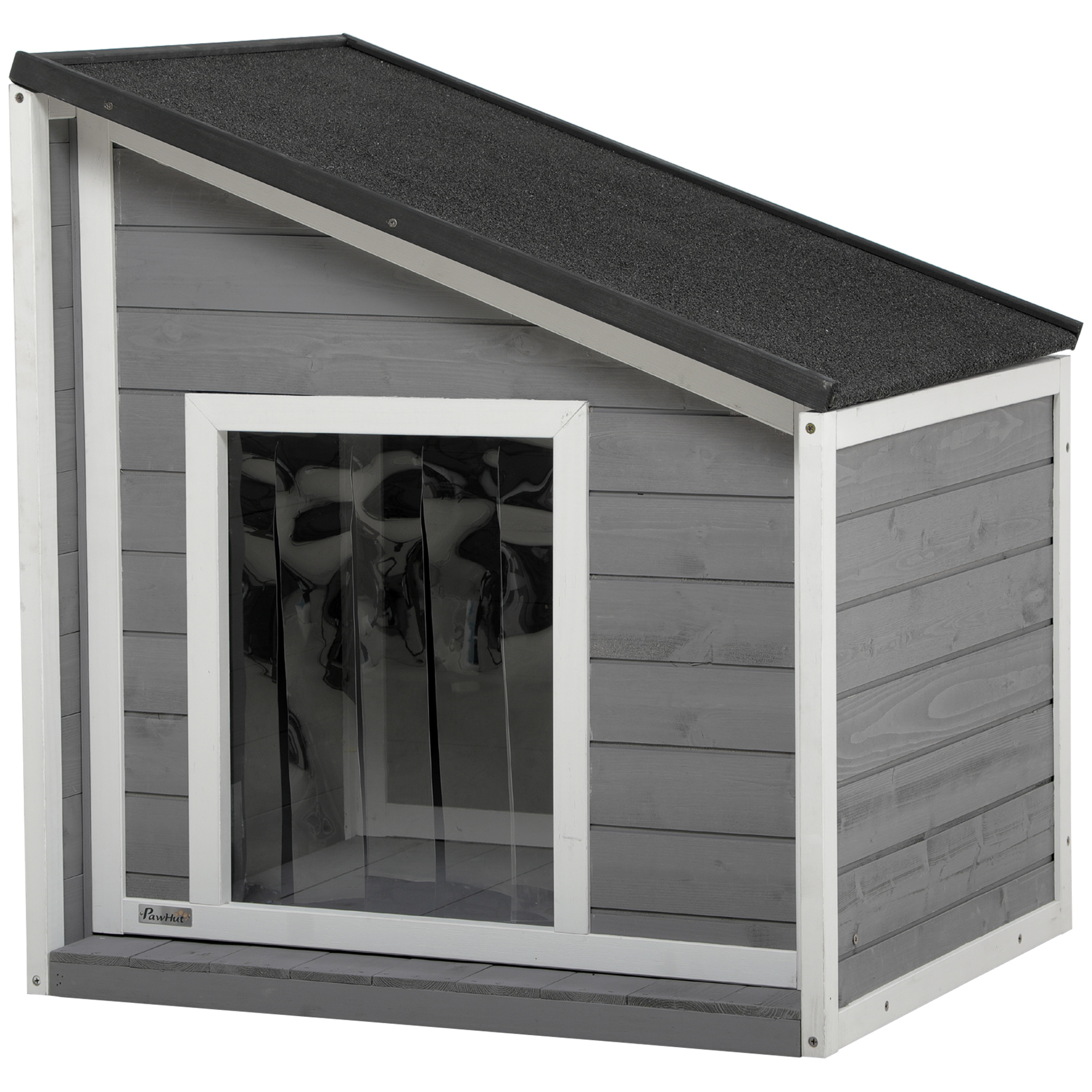 Ilmastikukindel koerakuut kuusepuidust asfaldist katuse ja uksekardinaga hall 71x58x53/77cm väikestele koertele