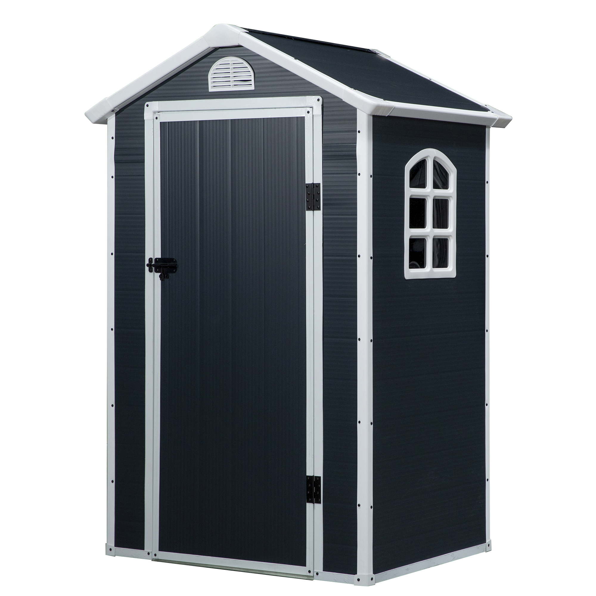 Puutarhavaja 1,1 m², työkaluvaja harjakatolla, 134 x 104 x 204 cm, muovinen puutarhavaja lukittavalla ovella, tuuletusaukolla ja ikkunalla, tummanharmaa puutarhamaja