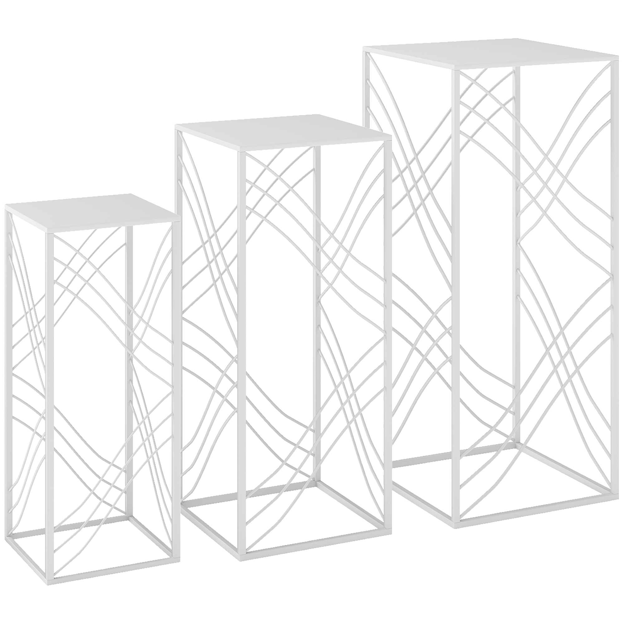 3 kasvitelineen setti, 50/60/70 cm korkea, pinottavat metalliset kasvitelineet, valkoinen