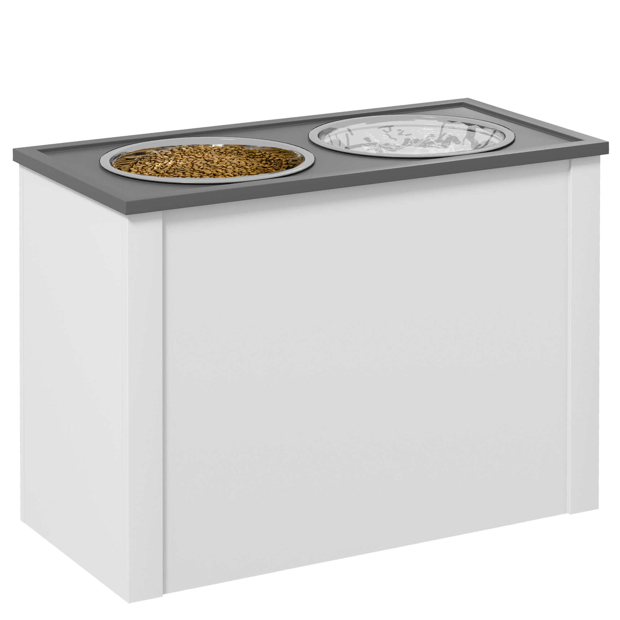 Söötmisjaam kõrgendatud söögikaussidega 1 hoiuruum 2 roostevabast terasest söögikaussi 60 x 30 x 42 cm valge + hall