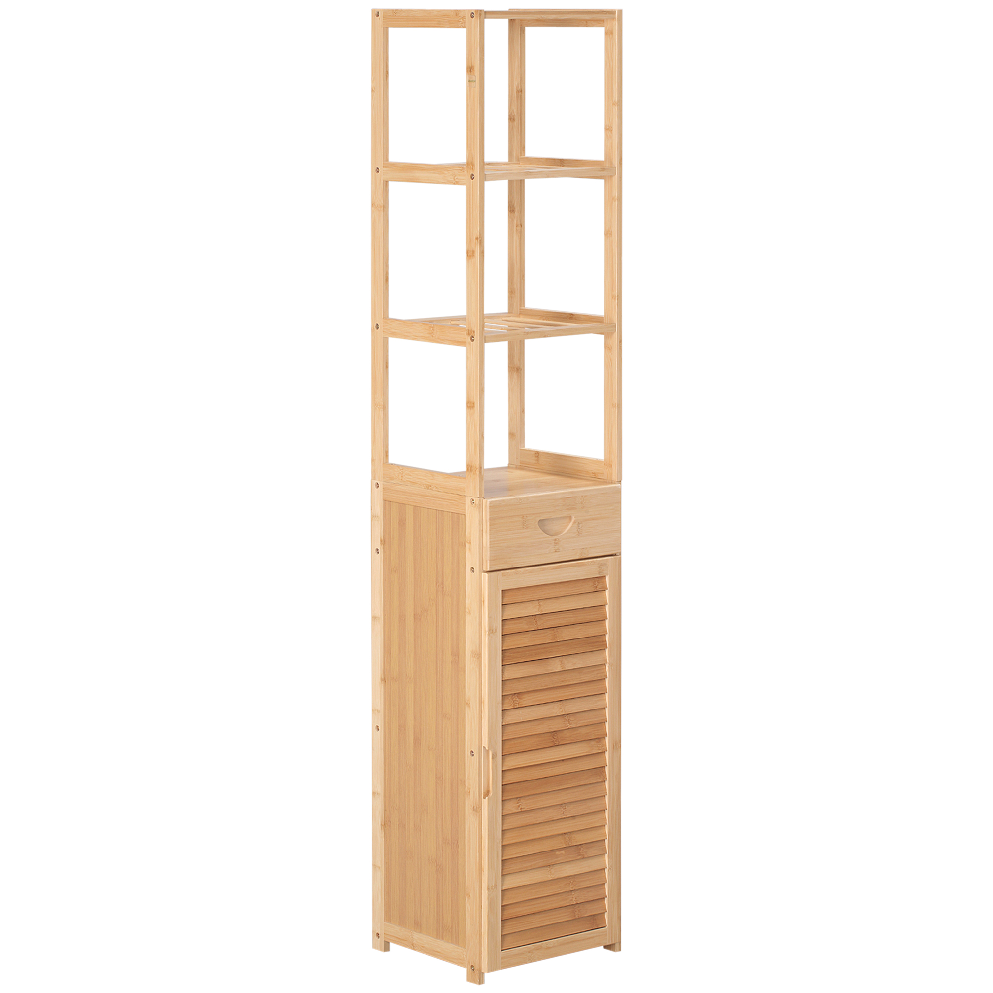 Kylpyhuoneen hylly, 3 avointa lokeroa, laatikko, säleovi, bambu, 32 x 30 x 163 cm