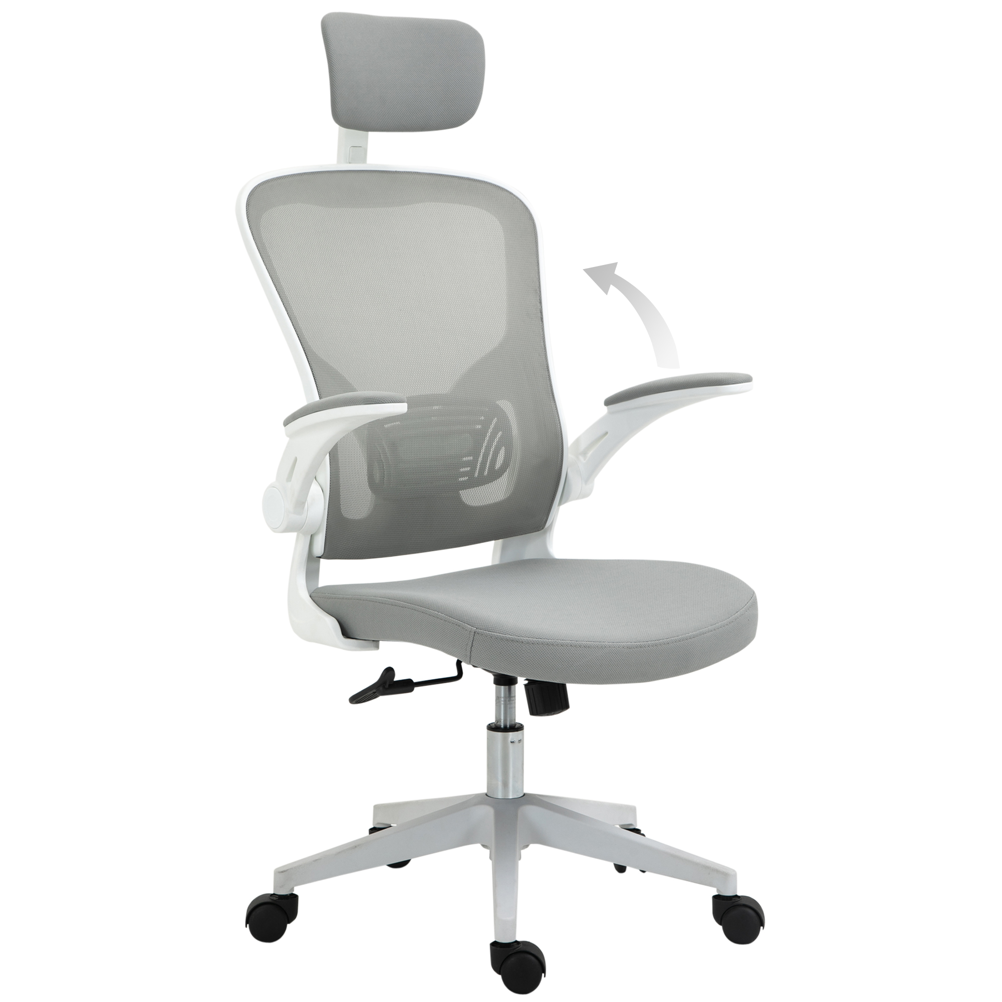 Ergonominen työtuoli keinutoiminnolla, korkea selkänoja, ristiselän tuki, niskatuki, taittuvat käsinojat, kotitoimistokäyttöön, harmaa, 65 x 64 x 114-122 cm