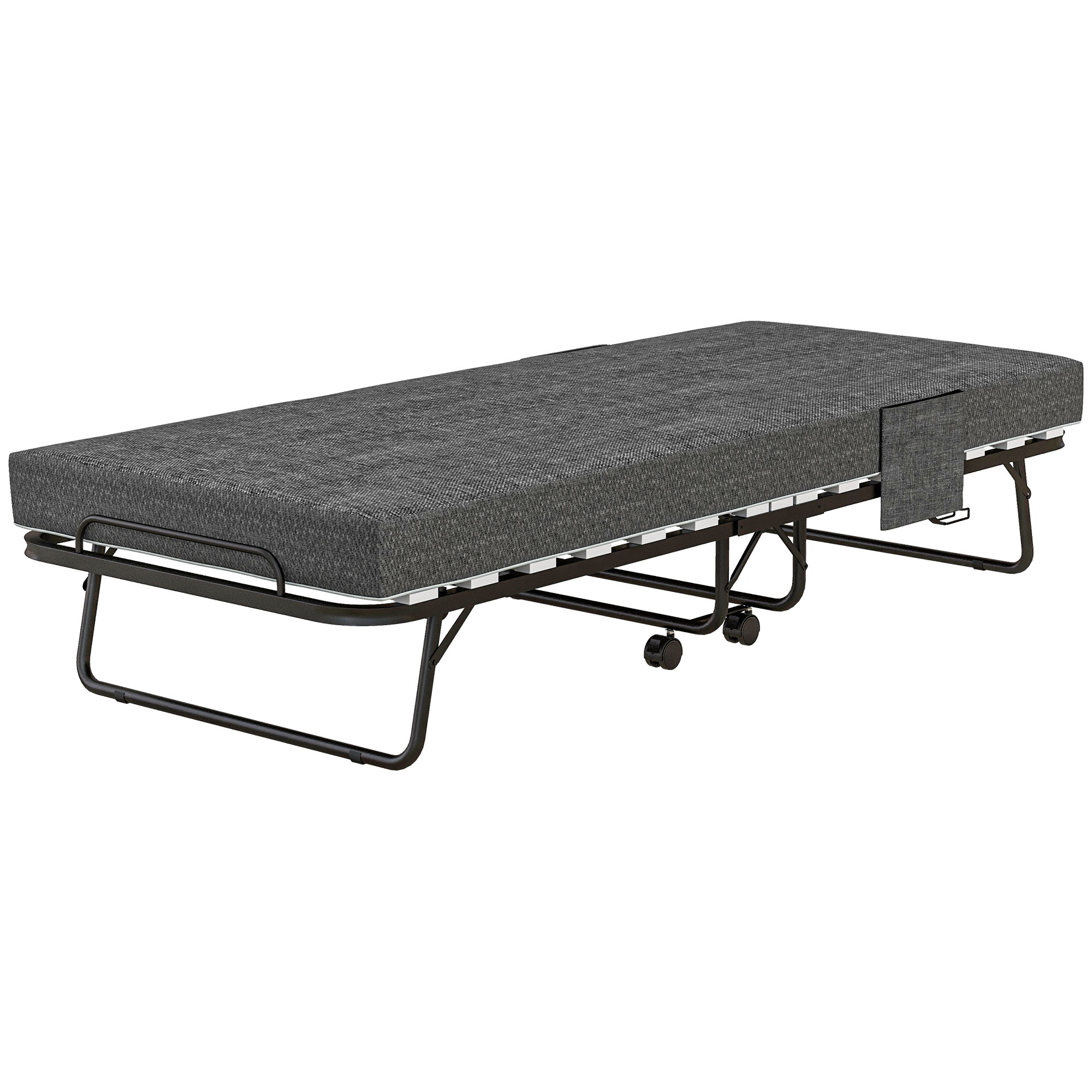 Kokoontaitettava sänky, patja, 4 pyörää, metallirunko, jopa 150 kg, 190 x 80 x 42 cm, tummanharmaa