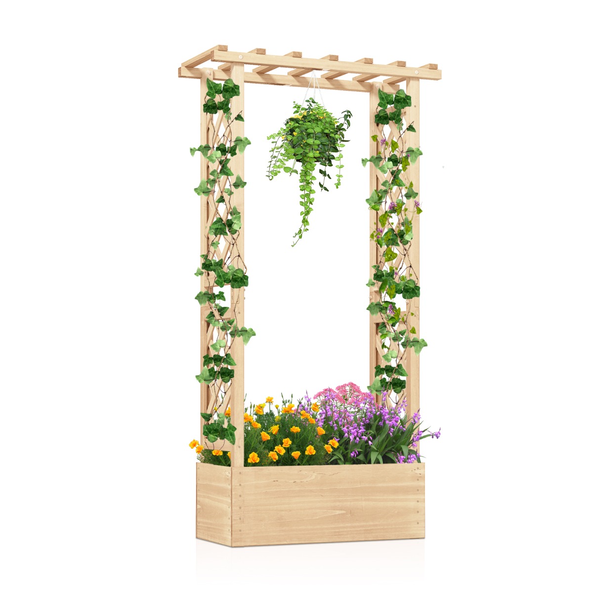 Puinen riippuva säleikköruukku salaojitusreiällä, kohotettu puutarhapenkki köynnöksille, 66 x 32 x 153 cm, luonnonvärinen