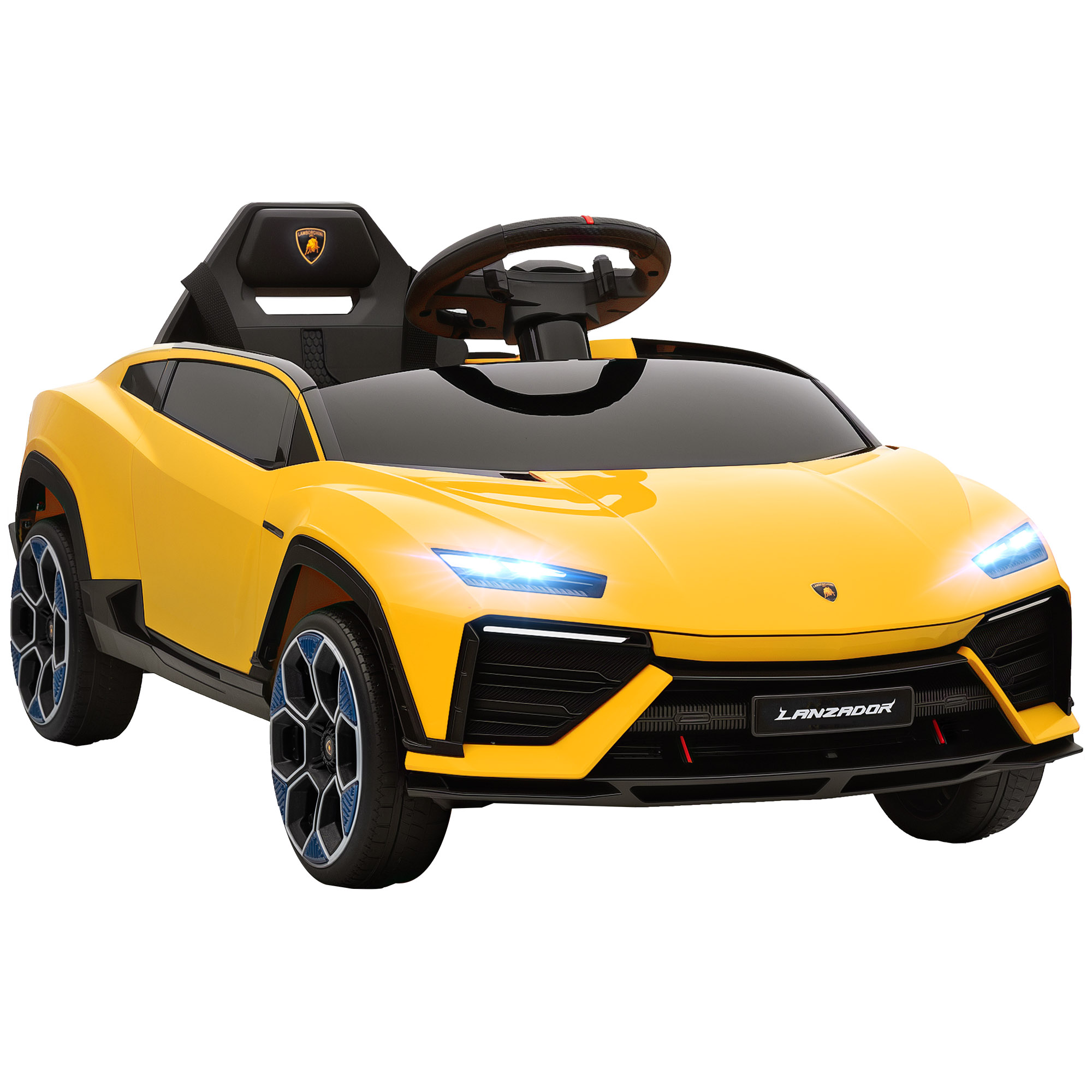 Lasten sähköauto, 12 V, 2,4 GHz:n kaukosäätimellä, 2 moottoria, äänimerkki, LED-valot, musiikki, 101,5 x 49 x 43 cm, keltainen
