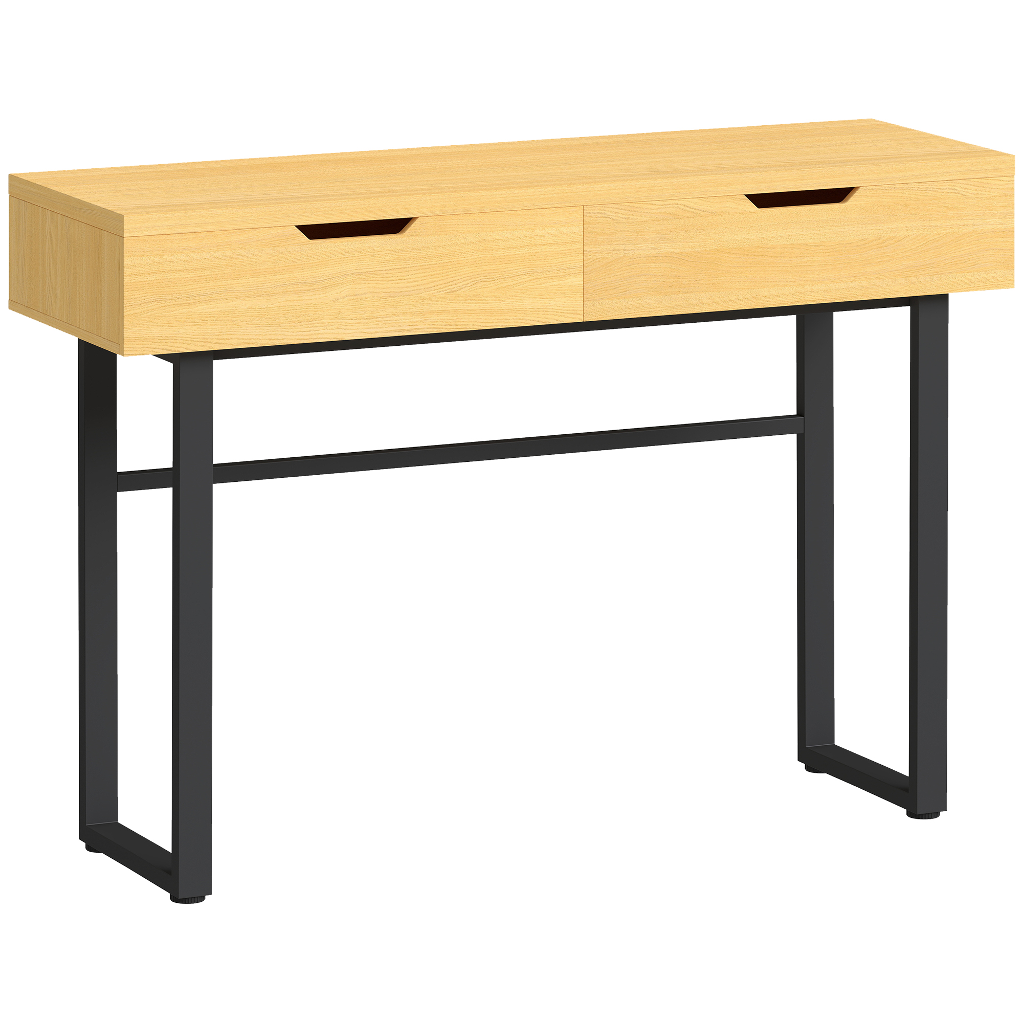 Konsolipöytä, kapea eteisen pöytä kahdella laatikolla, metallirunko, eteiseen, 110 x 35 x 76,5 cm, luonnonvärinen viimeistely