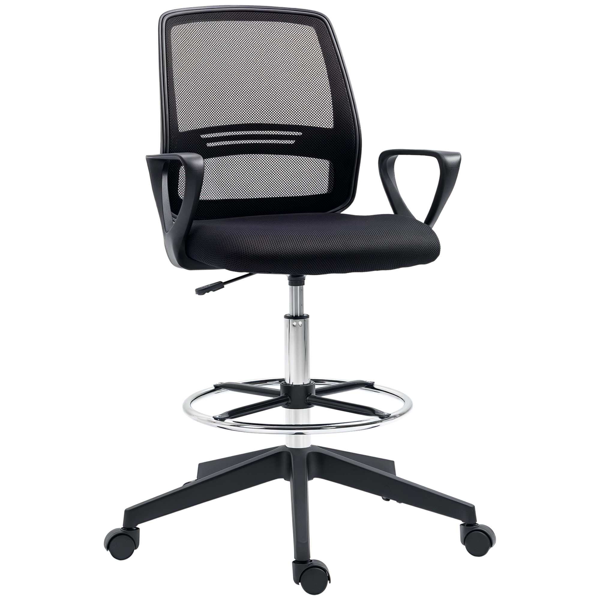 Ergonominen työtuoli käsinojilla ja säädettävällä jalkatuella, korkeussäädettävä pyörivä tuoli verkkoverhoilulla, musta