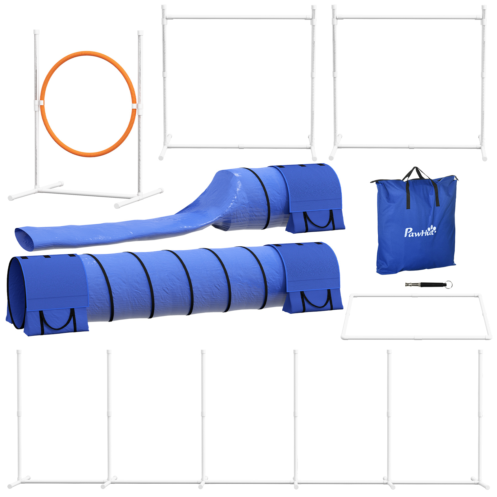 Koiran agility-setti, koiran esterata, 1 rengas, 2 tunnelia, 2 aitaa, 321 cm x 63 cm x 93 cm, sininen + punainen + valkoinen
